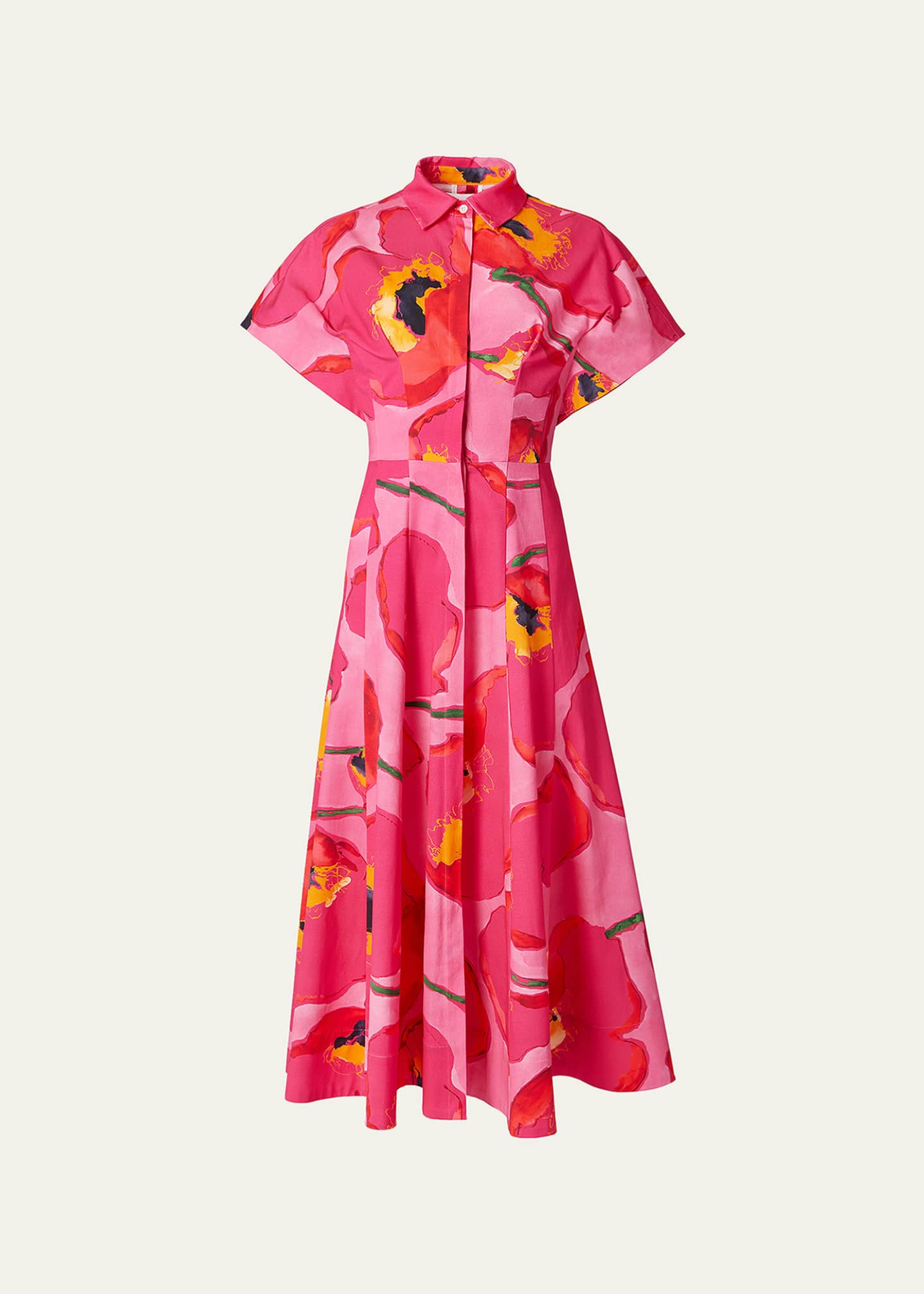 Carolina Herrera Floral-Print Kimono-Sleeve Paneled Midi Shirtdress Image 1 of 2