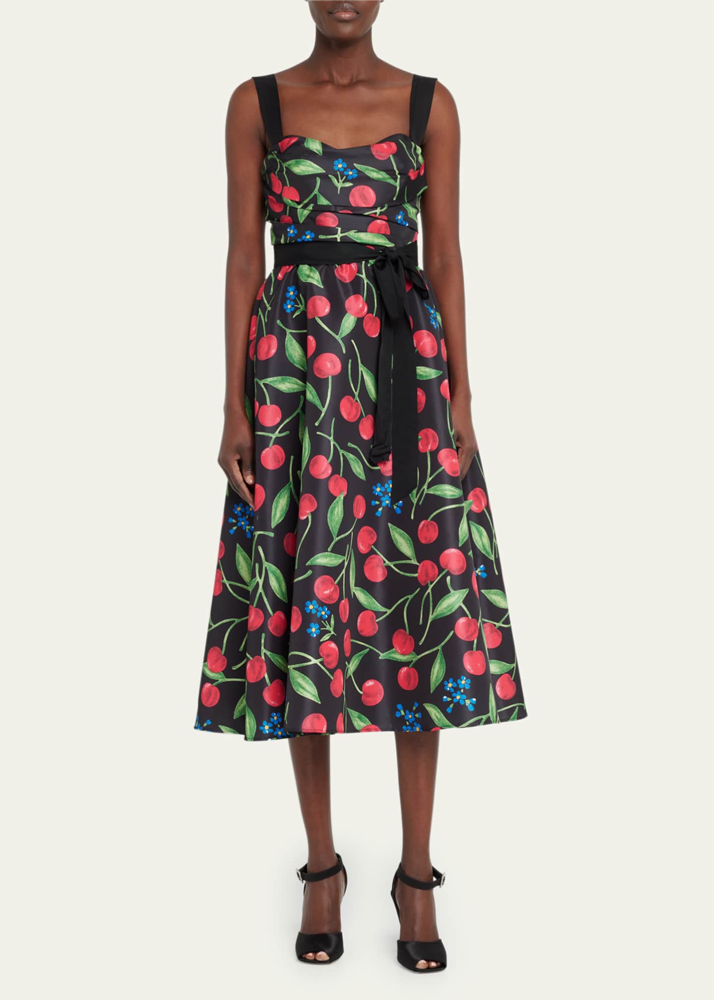 Carolina Herrera CherryPrint Draped Sash Midi Dress Bergdorf Goodman