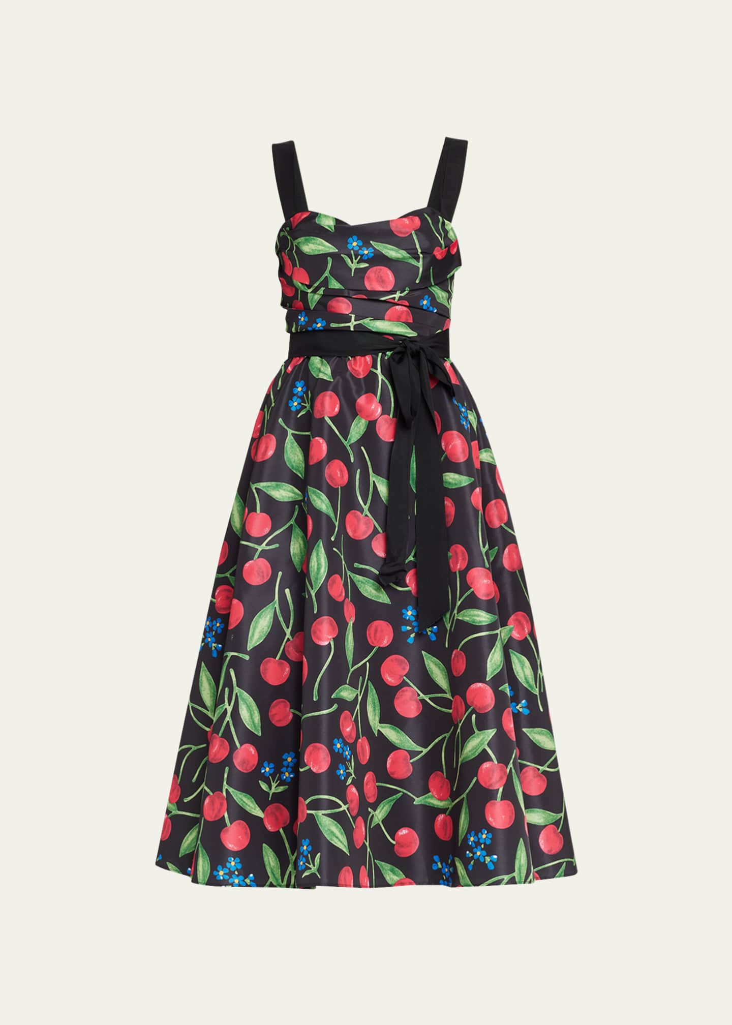 Carolina Herrera Cherry-Print Draped Sash Midi Dress - Bergdorf Goodman