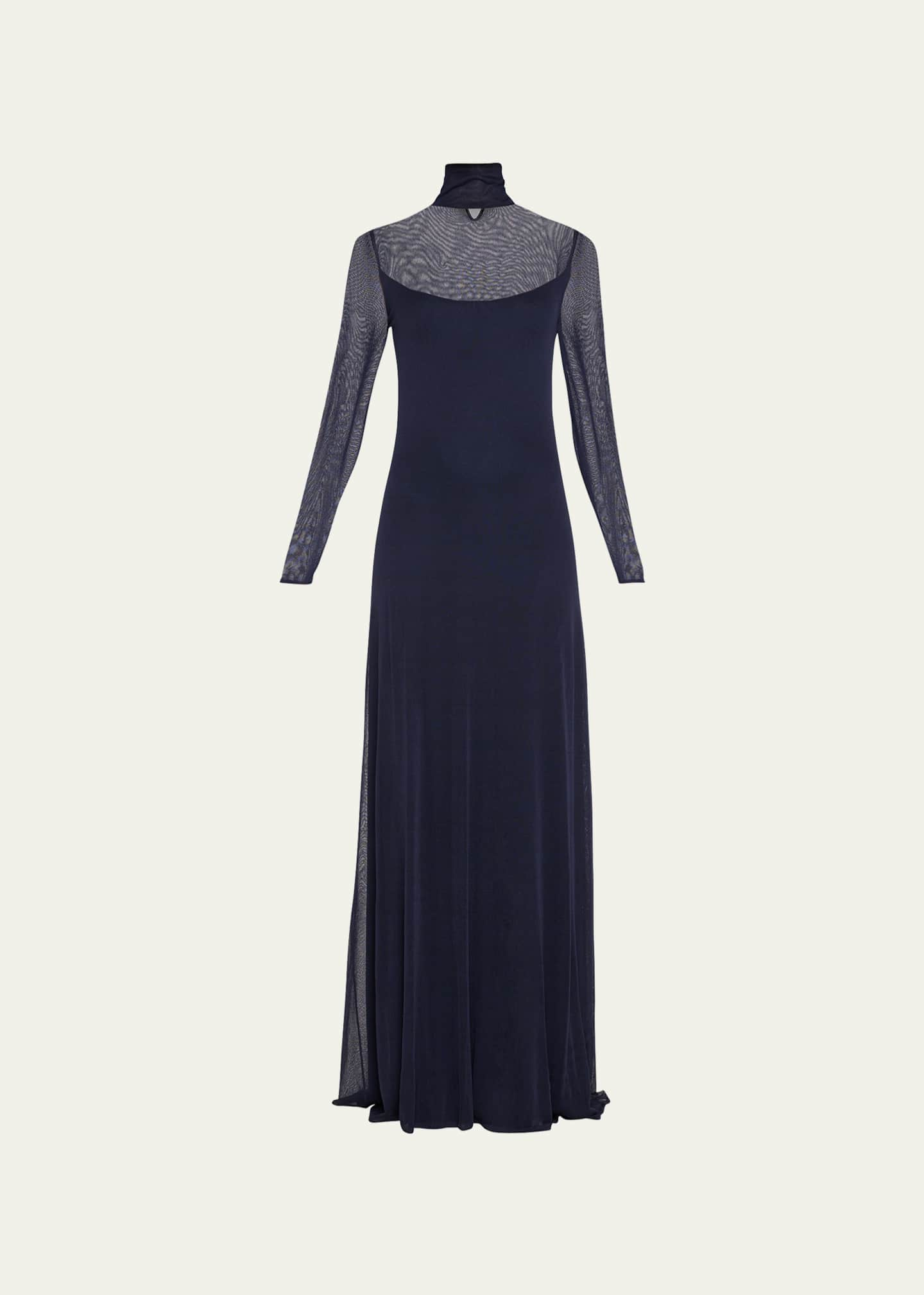 Ralph Lauren Collection Sheer Turtleneck Knit Column Evening Dress, Blue, Women's, Large, Casual & Work Dresses Knit Dresses