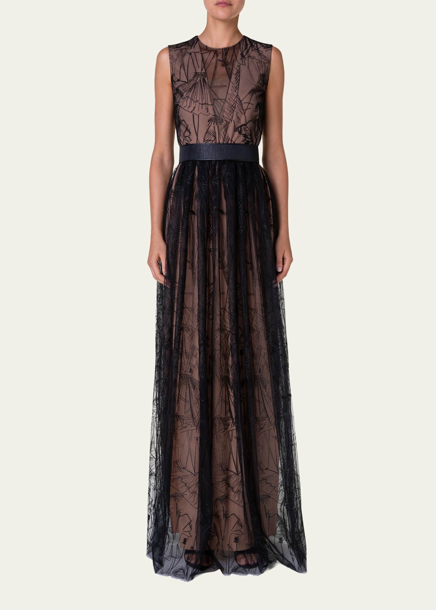 Akris Belted Tulle Gown with Croquis Embroidered Details
