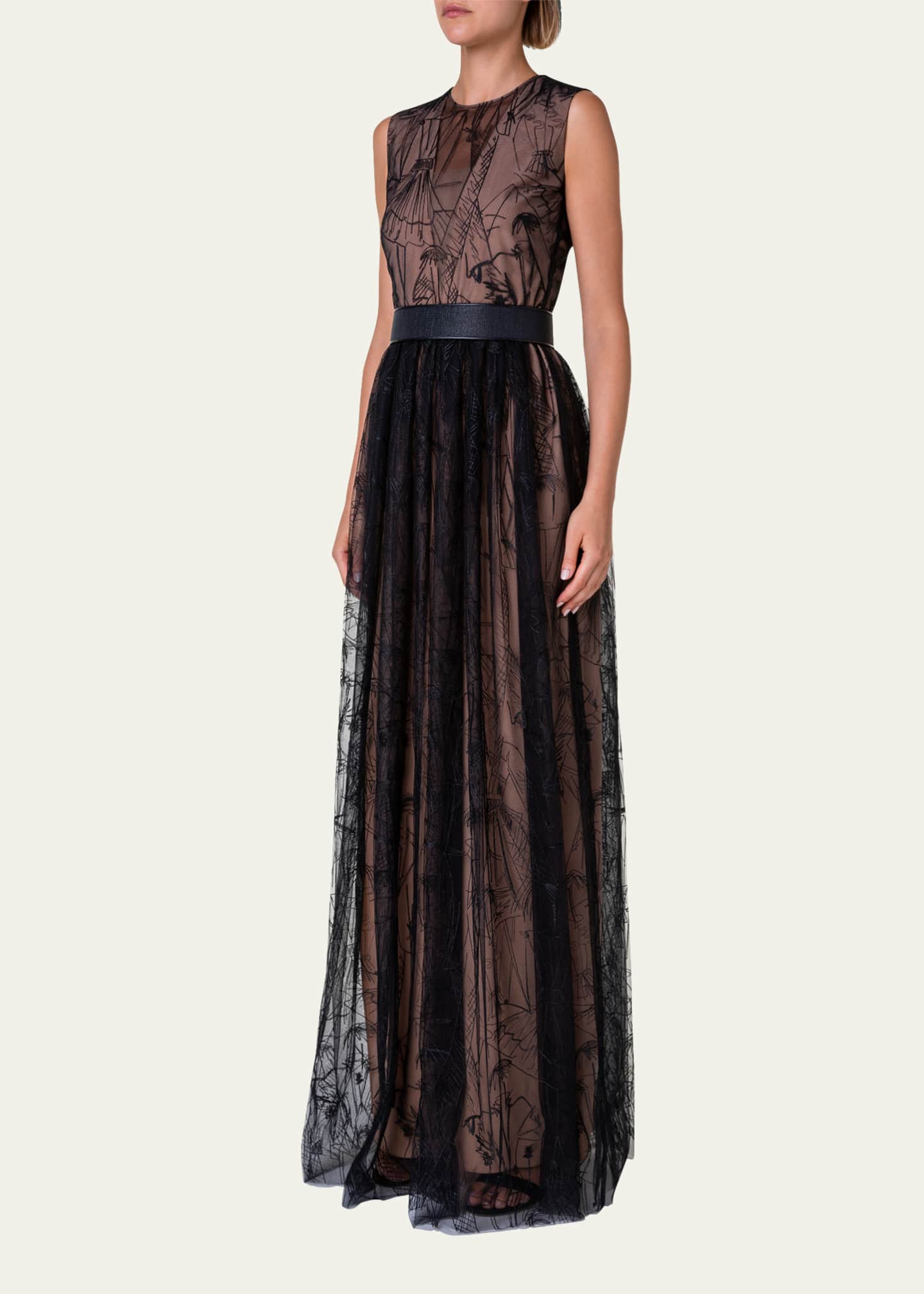 Akris Belted Tulle Gown with Croquis Embroidered Details