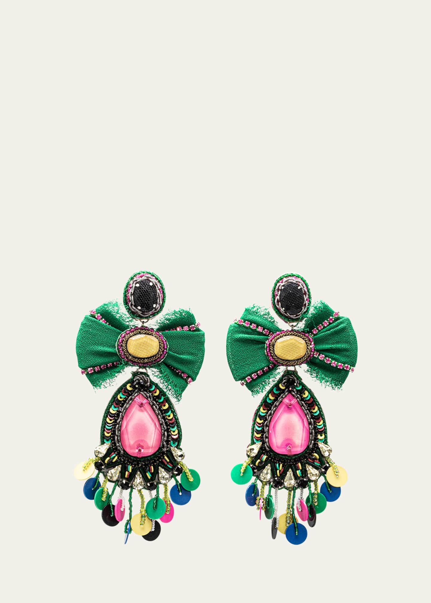 Ranjana Khan Multicolor Silk Bow and Crystal Earrings with Sequins Image 1 of 3