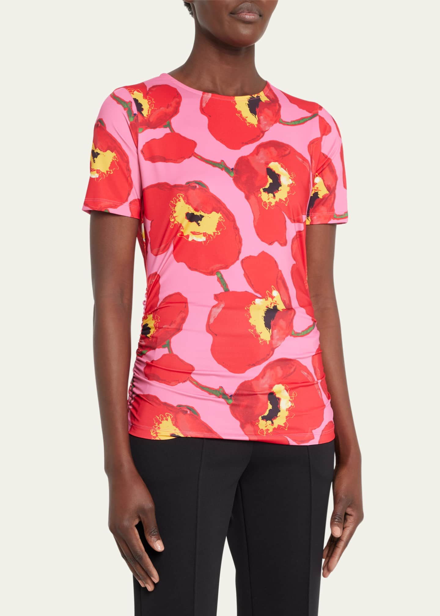Carolina Herrera Floral-Print Ruched Jersey Mock-Neck T-Shirt - Goodman