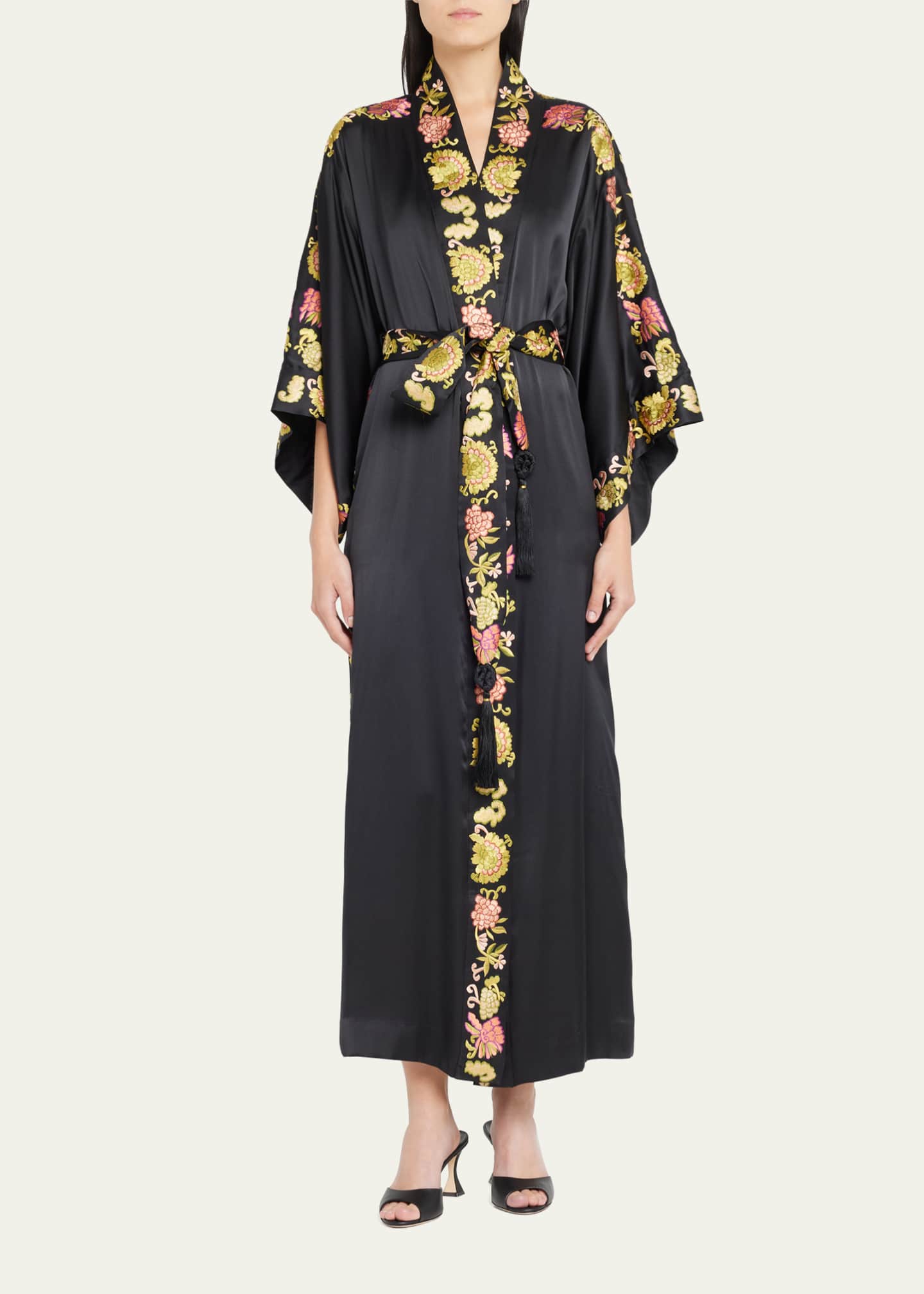 Josie Natori Yasugi Embroidered-Trim Silk Robe - Bergdorf Goodman