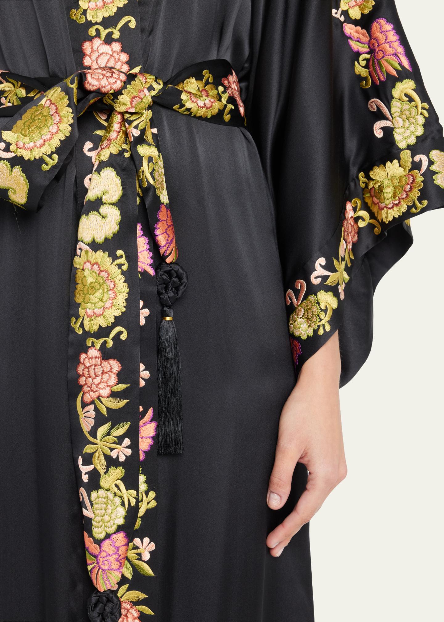 Josie Natori Yasugi Embroidered-Trim Silk Robe - Bergdorf Goodman
