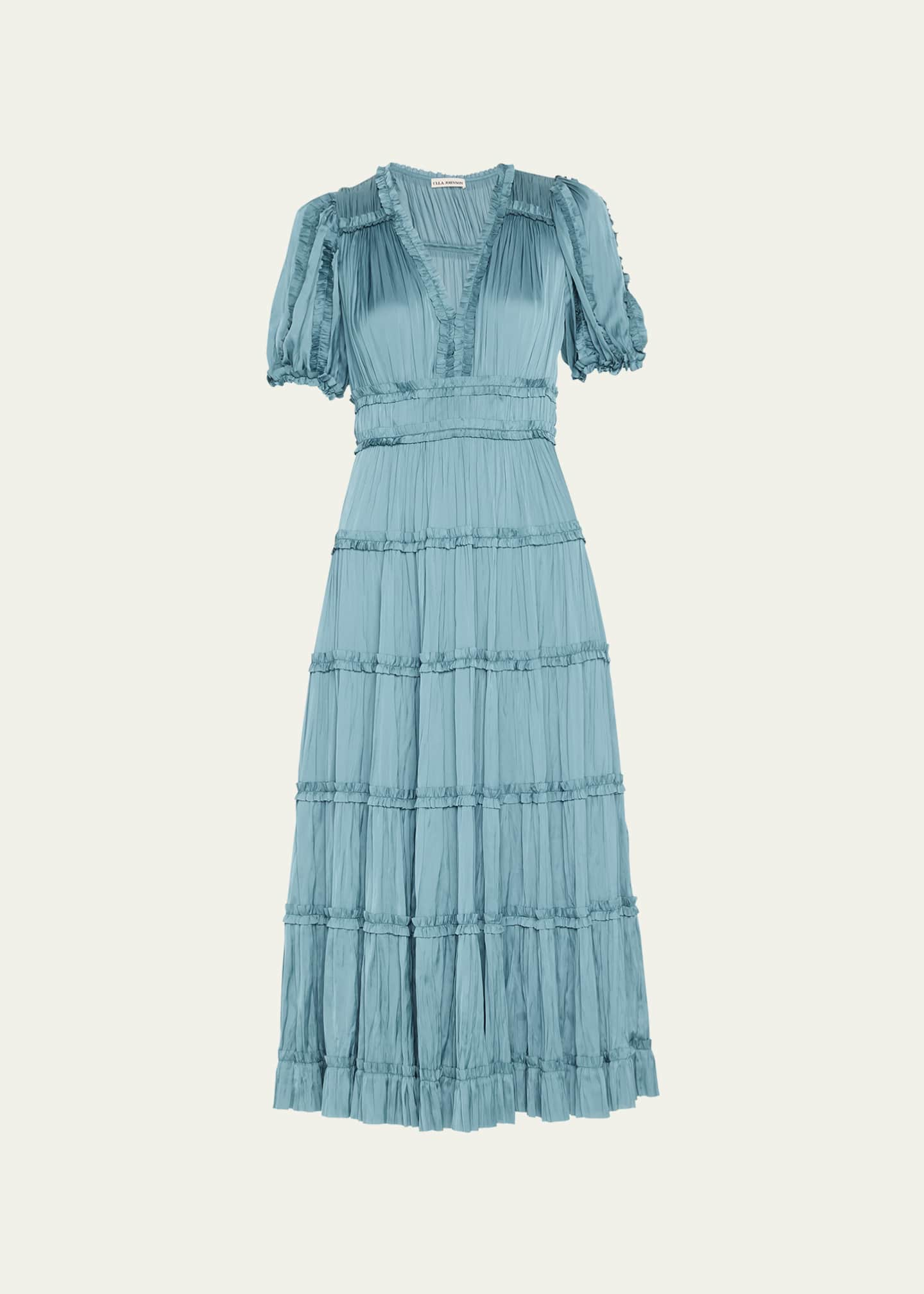 Ulla Johnson Olivia Puff-Sleeve Plisse Ruffle Midi Dress - Bergdorf Goodman