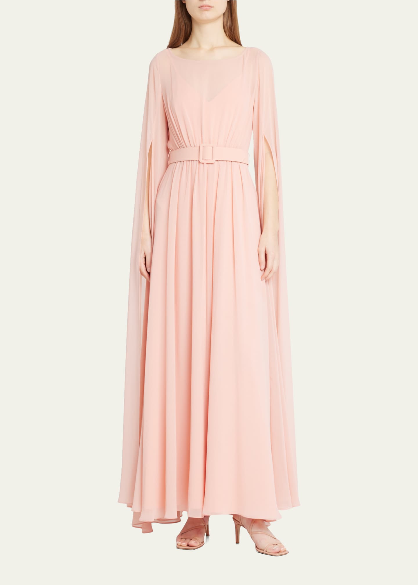 Badgley Mischka Collection Belted Cape-Sleeve Georgette Gown - Bergdorf ...