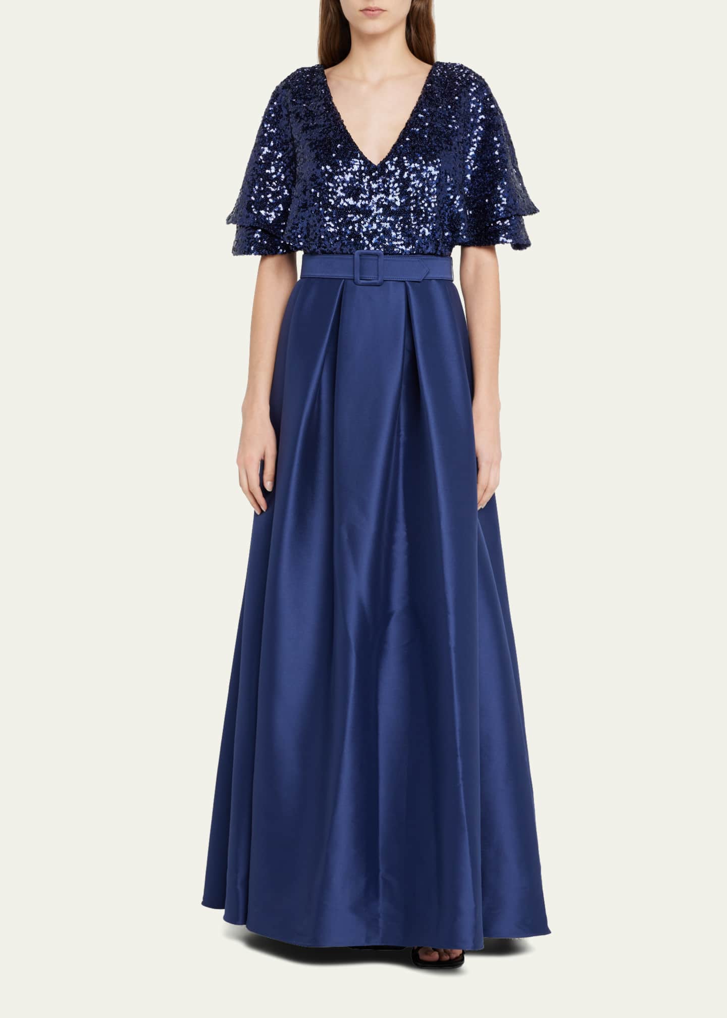 Sequin beaded gown with flutter sleeves hot sale