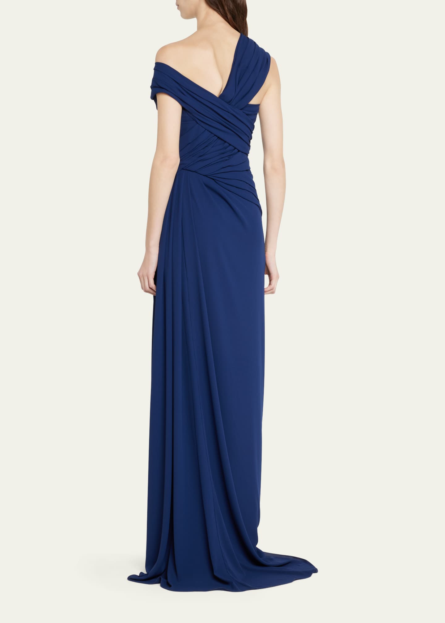 Off-the-Shoulder Pleated Gown with Surplice Bodice Mulberry