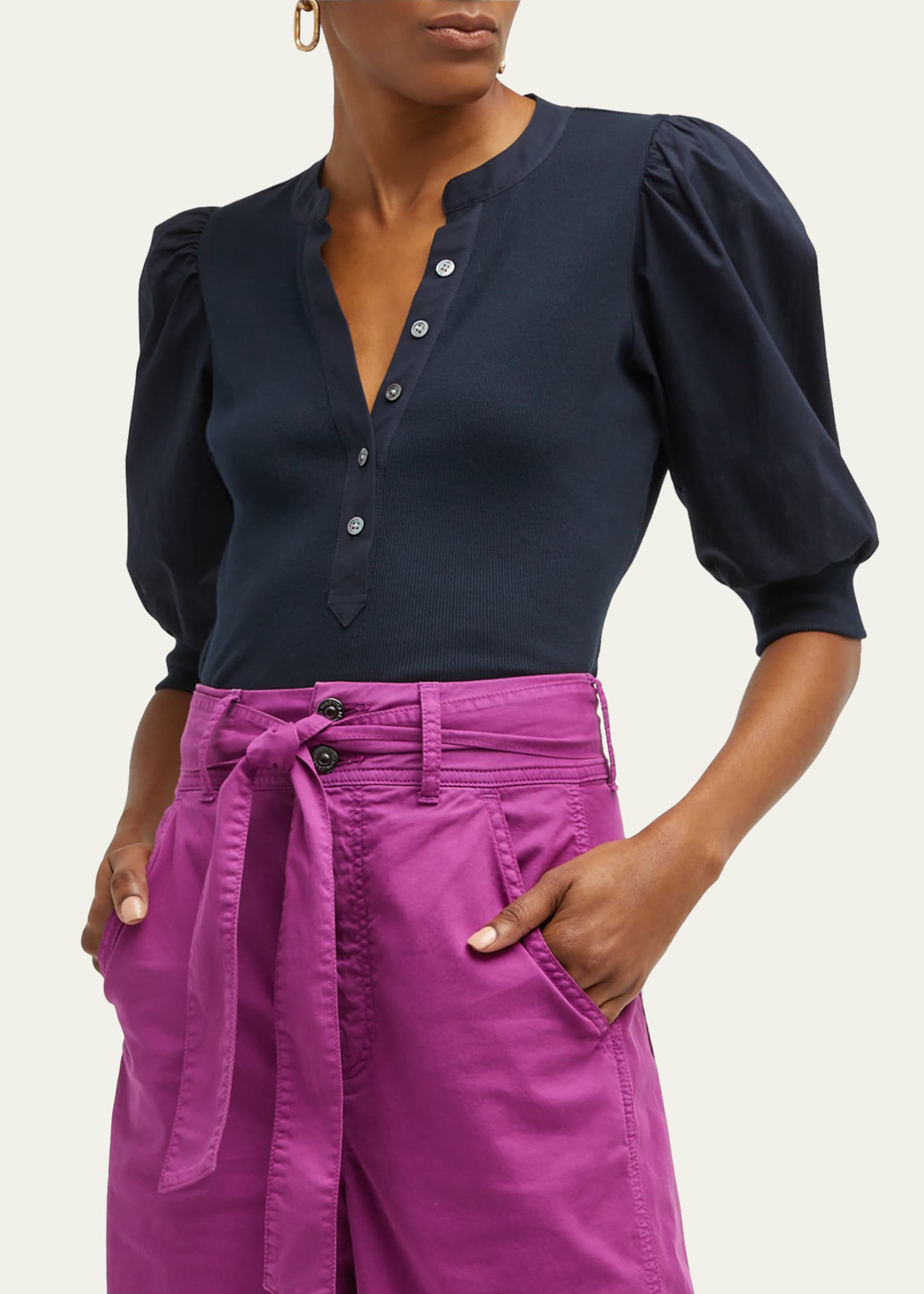 Veronica Beard Coralee Puff Sleeve Button-Front Top Image 4 of 5