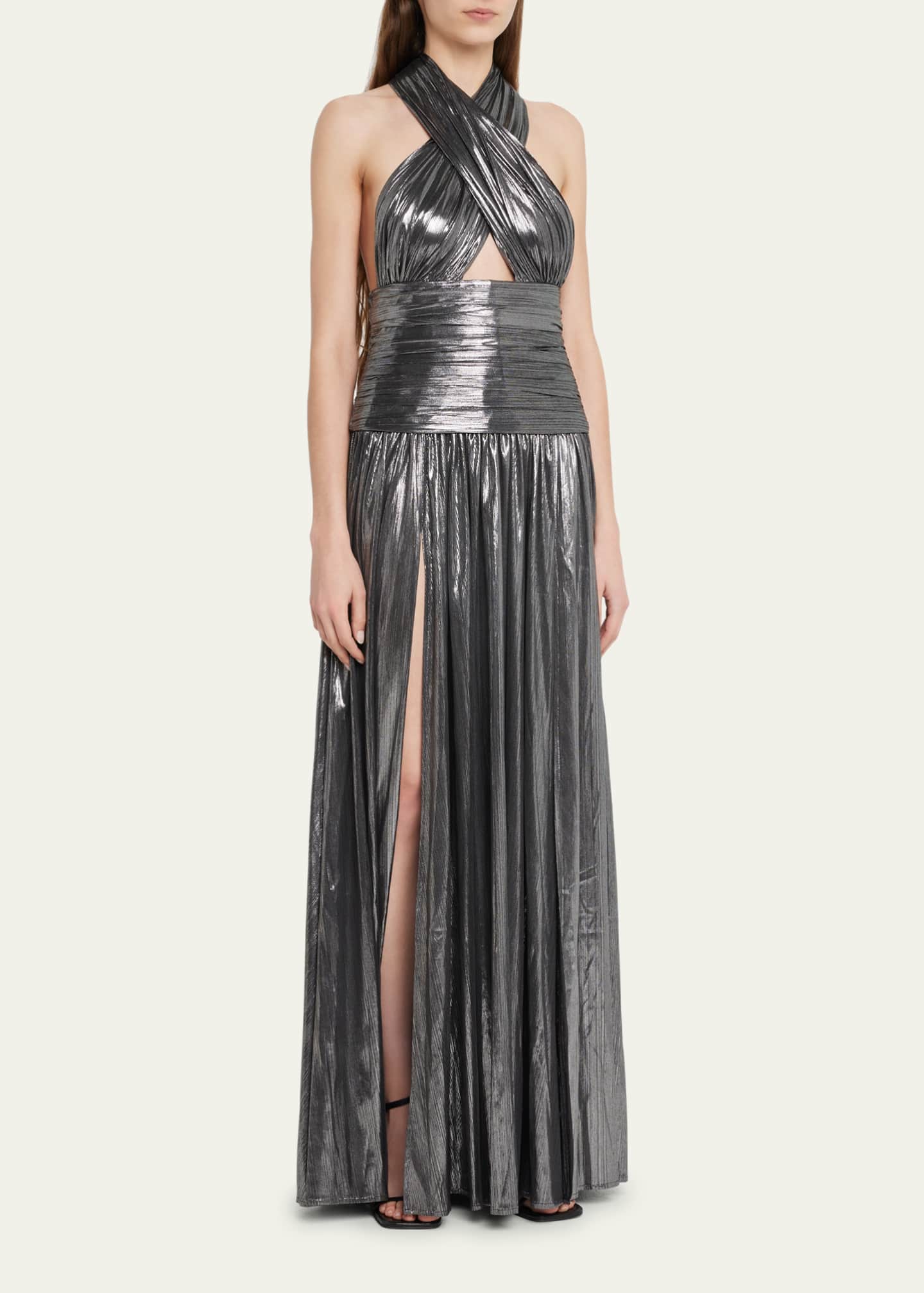 Bronx and Banco Florence Cutout Metallic Halter Gown