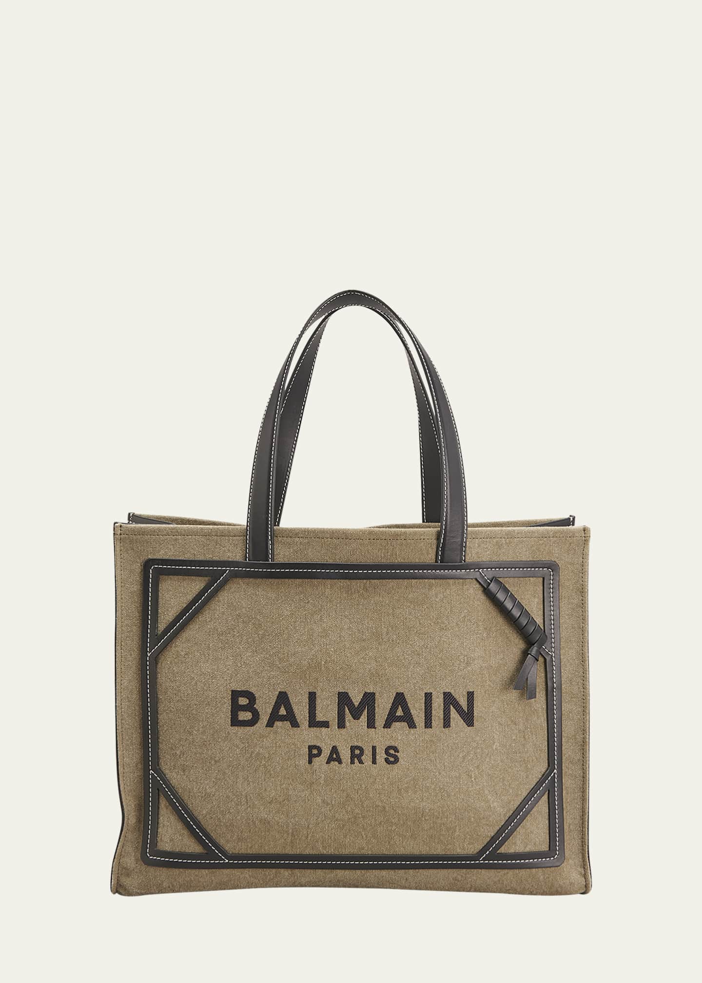 Balmain B Army Medium Shopper Tote Bag in Canvas with Leather Handles Bergdorf Goodman