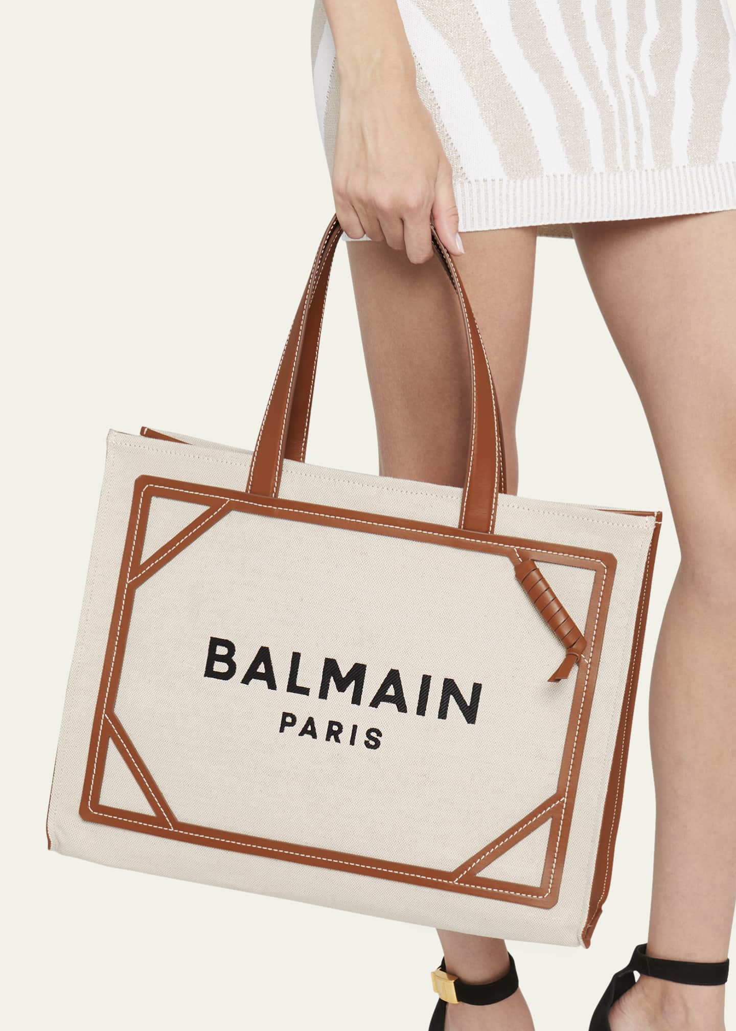 Balmain B Army Medium Shopper Tote Bag in Canvas with Leather