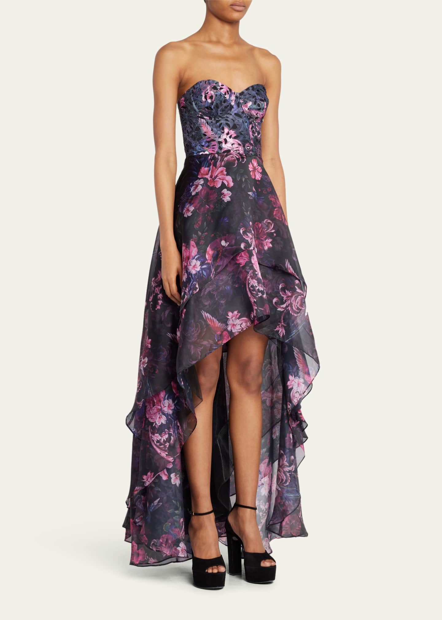 Marchesa Notte Strapless Floral-Print High-Low Gown - Bergdorf Goodman