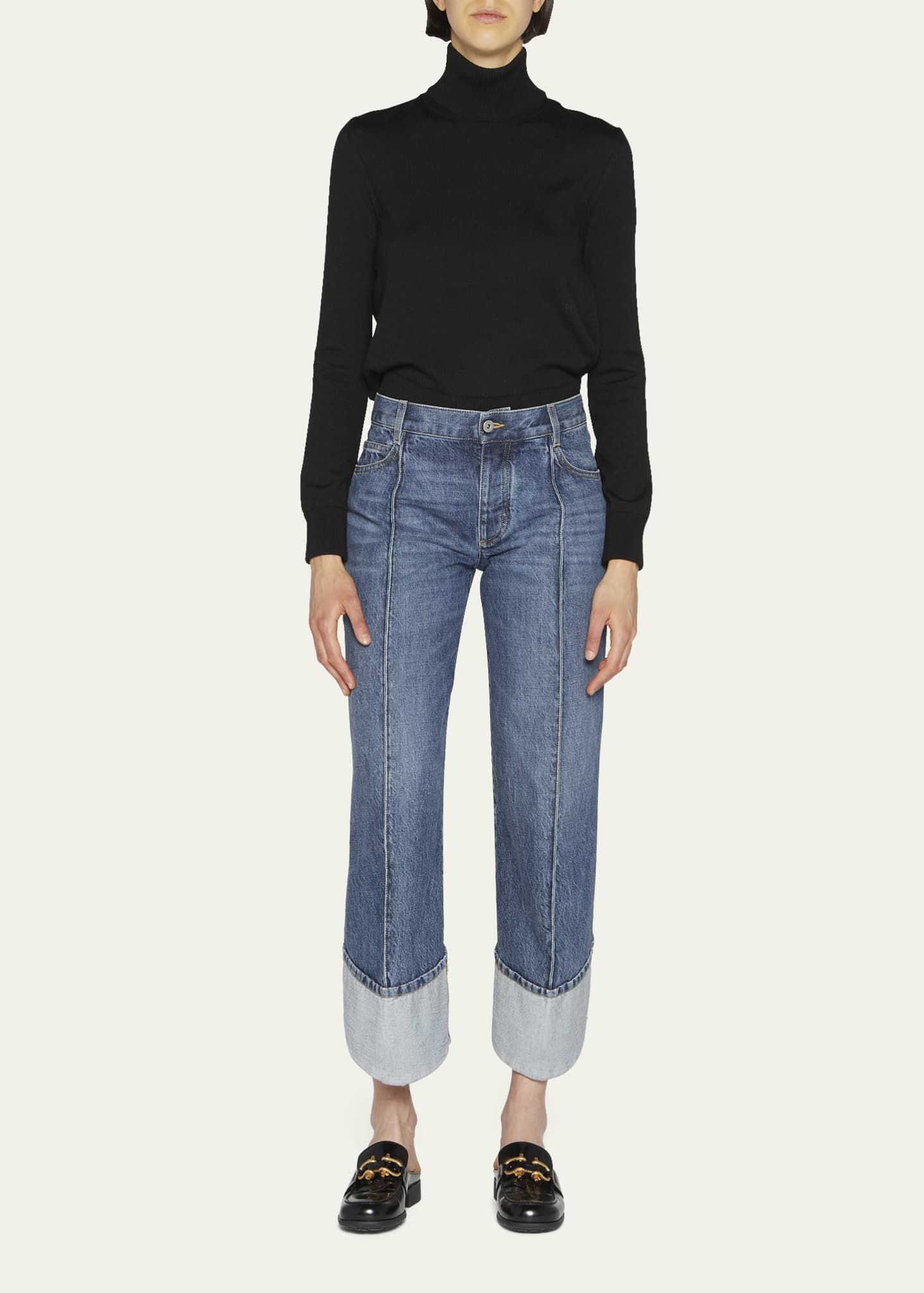 Bottega Veneta Exposed Seam Curved-Leg Denim Trousers - Bergdorf Goodman