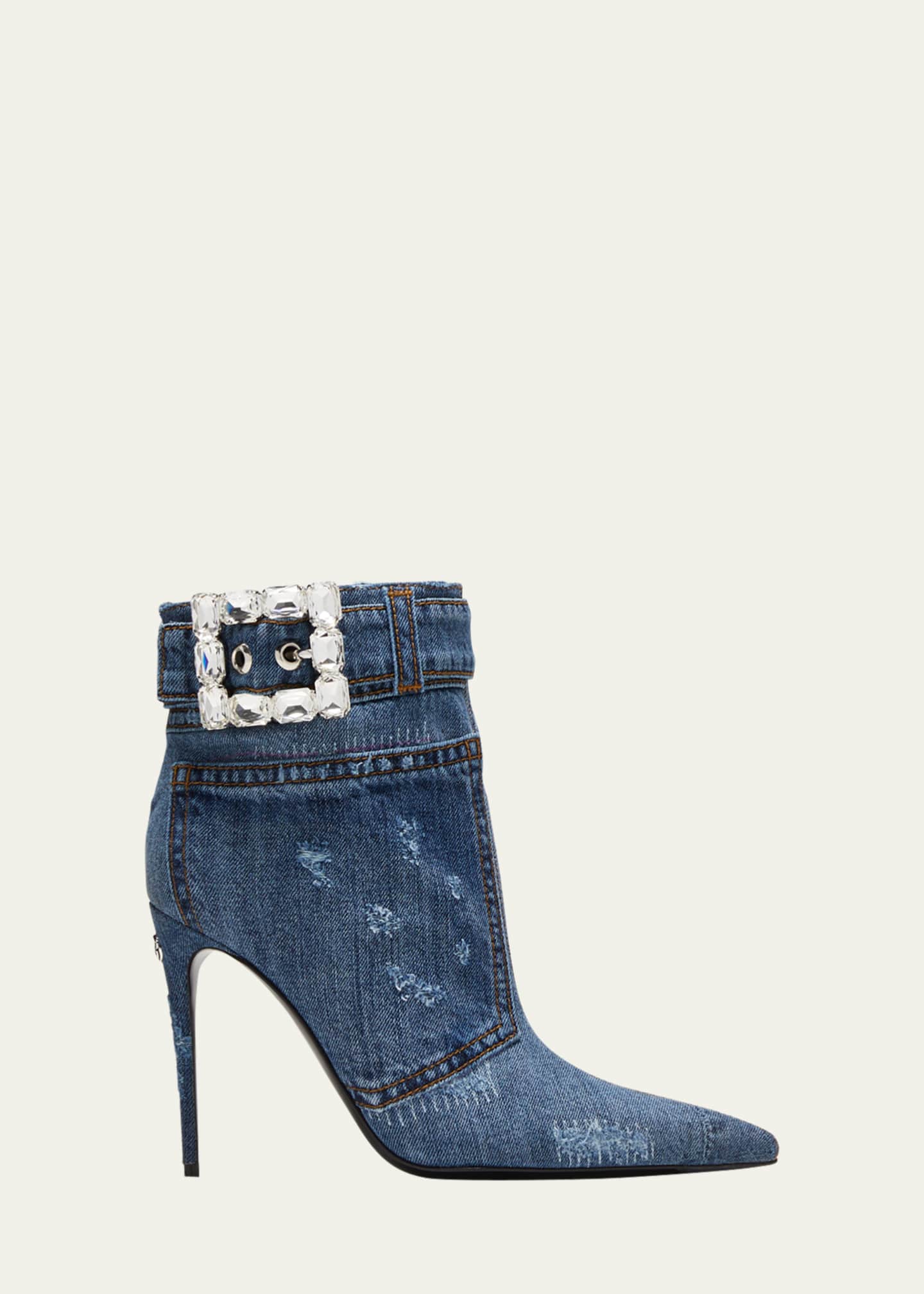 Dolce Gabbana Denim Crystal Buckle Stiletto Booties Bergdorf Goodman