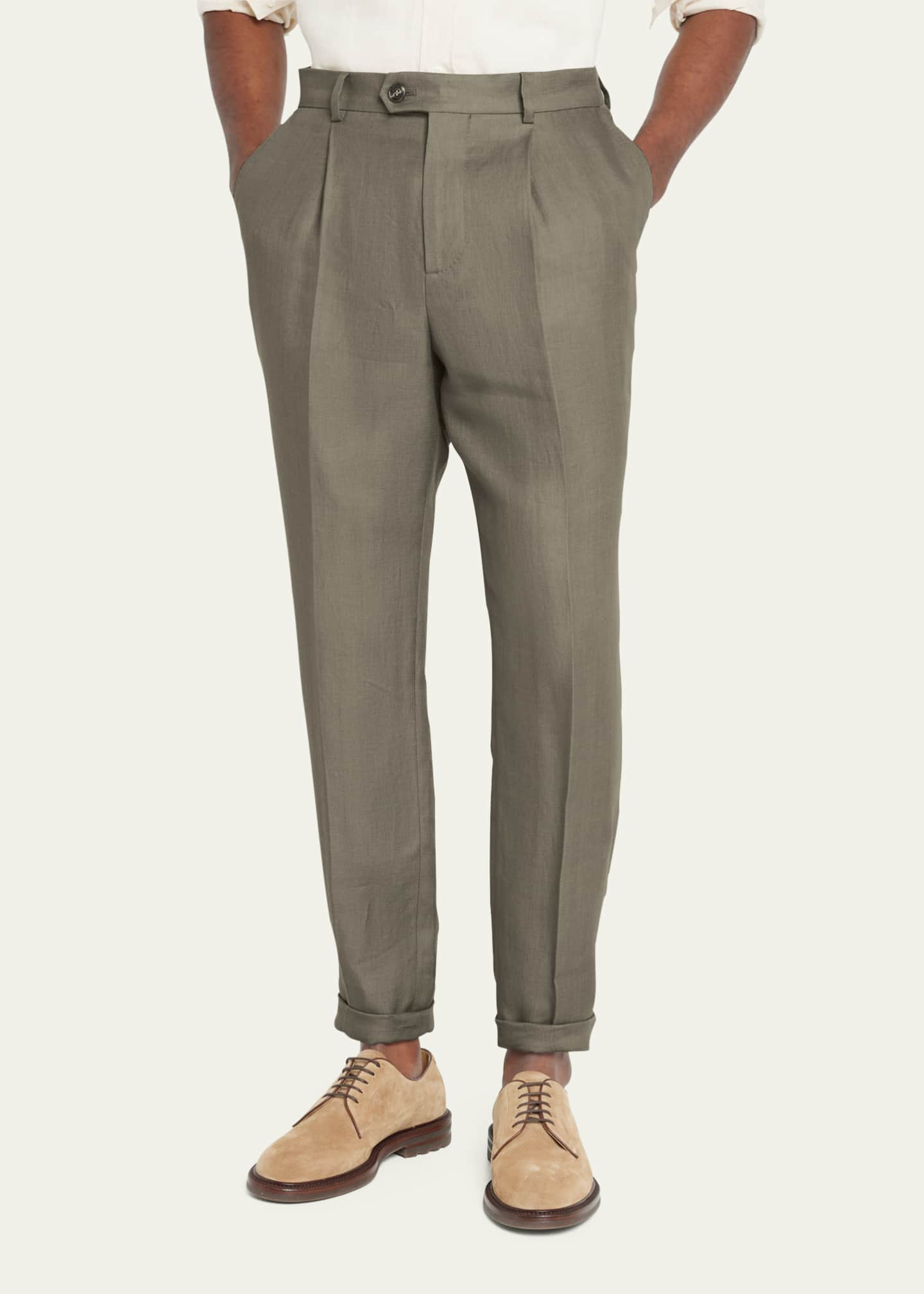 Brunello Cucinelli Men's Sage Chevron Linen Pants - Bergdorf Goodman