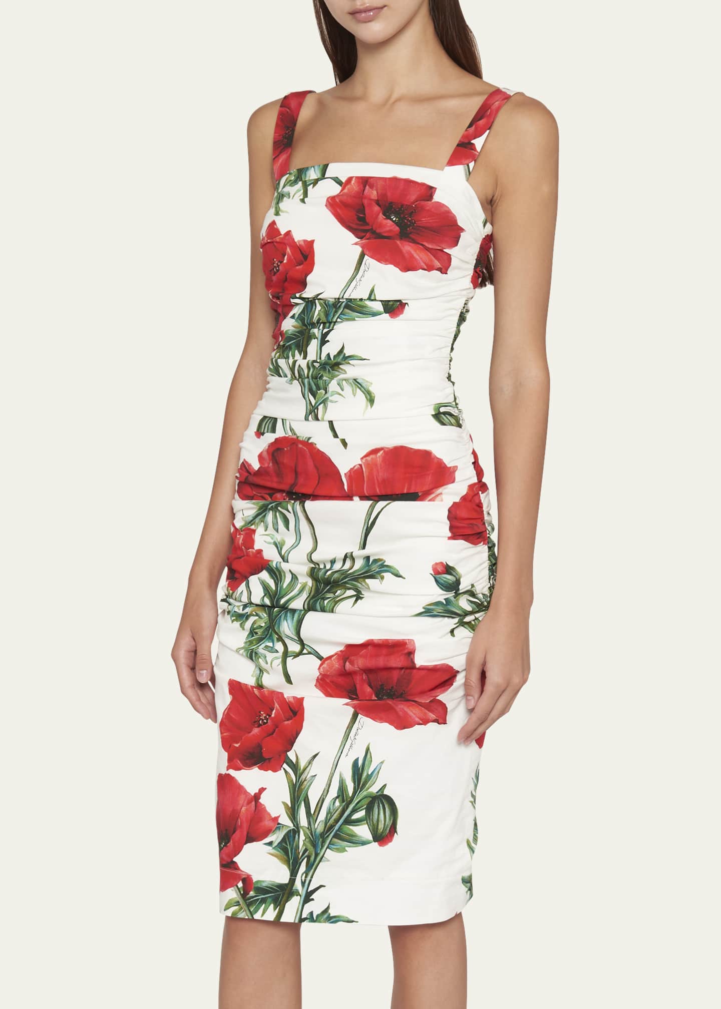 Dolce&Gabbana Poppy-Print Ruched Midi Dress - Bergdorf Goodman