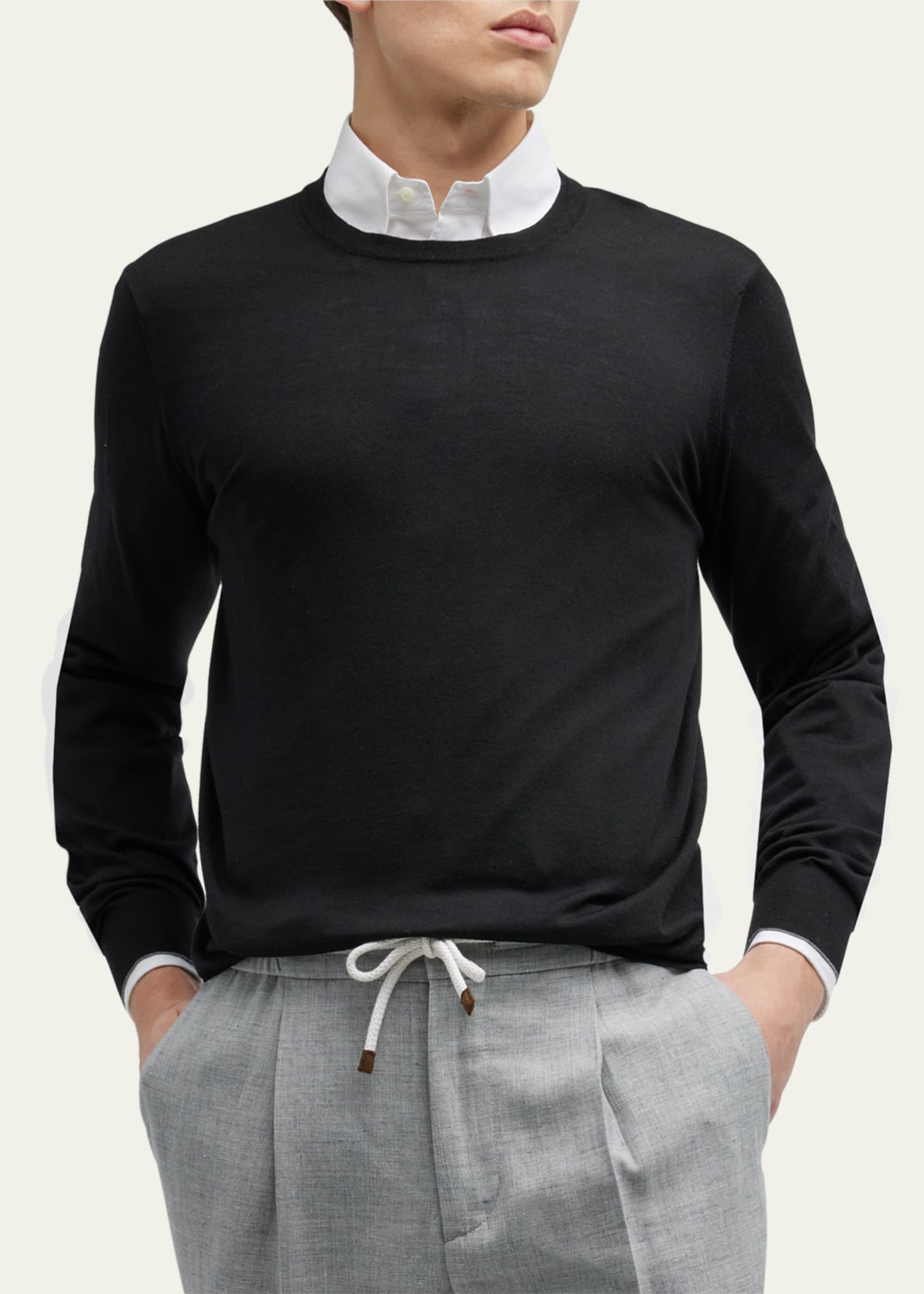 Brunello Cucinelli Men's Wool-Cashmere Crewneck Sweater Image 4 of 5