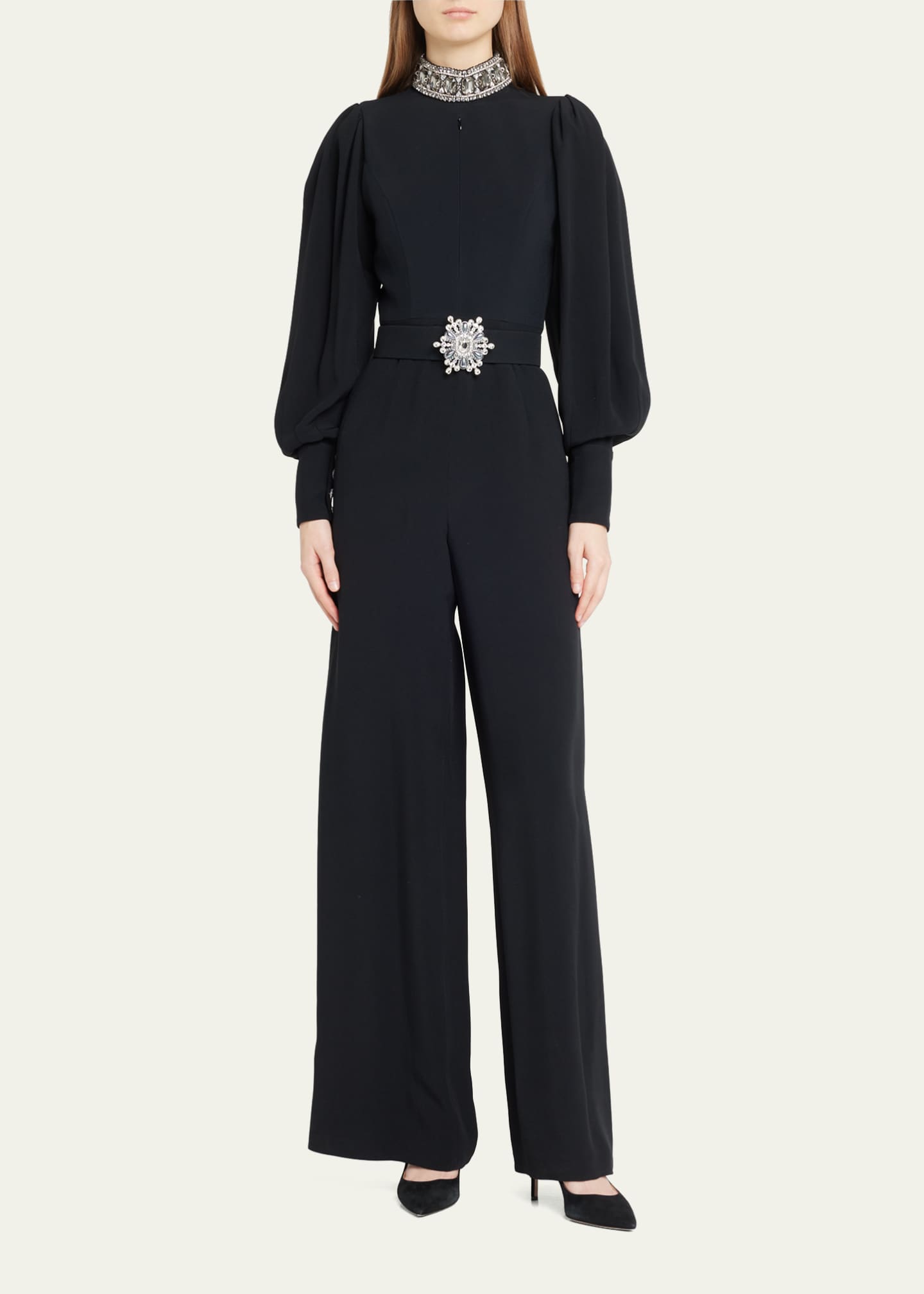 Andrew Gn Jeweled High-Neck Wide-leg Belted Jumpsuit - Bergdorf Goodman