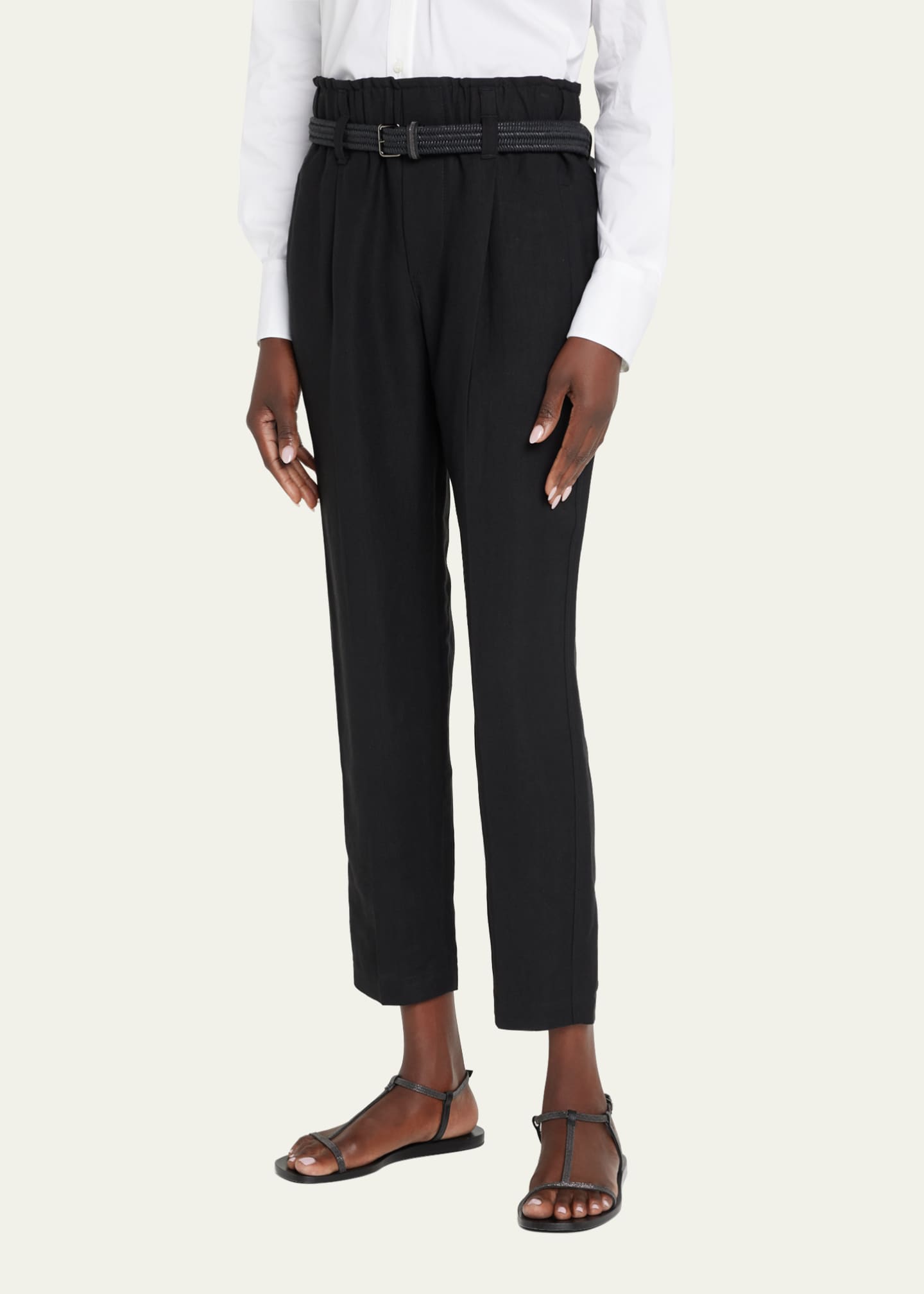 Brunello Cucinelli Flared loose-fitting trousers in sparkling linen twill with necklace Trousers main image 1