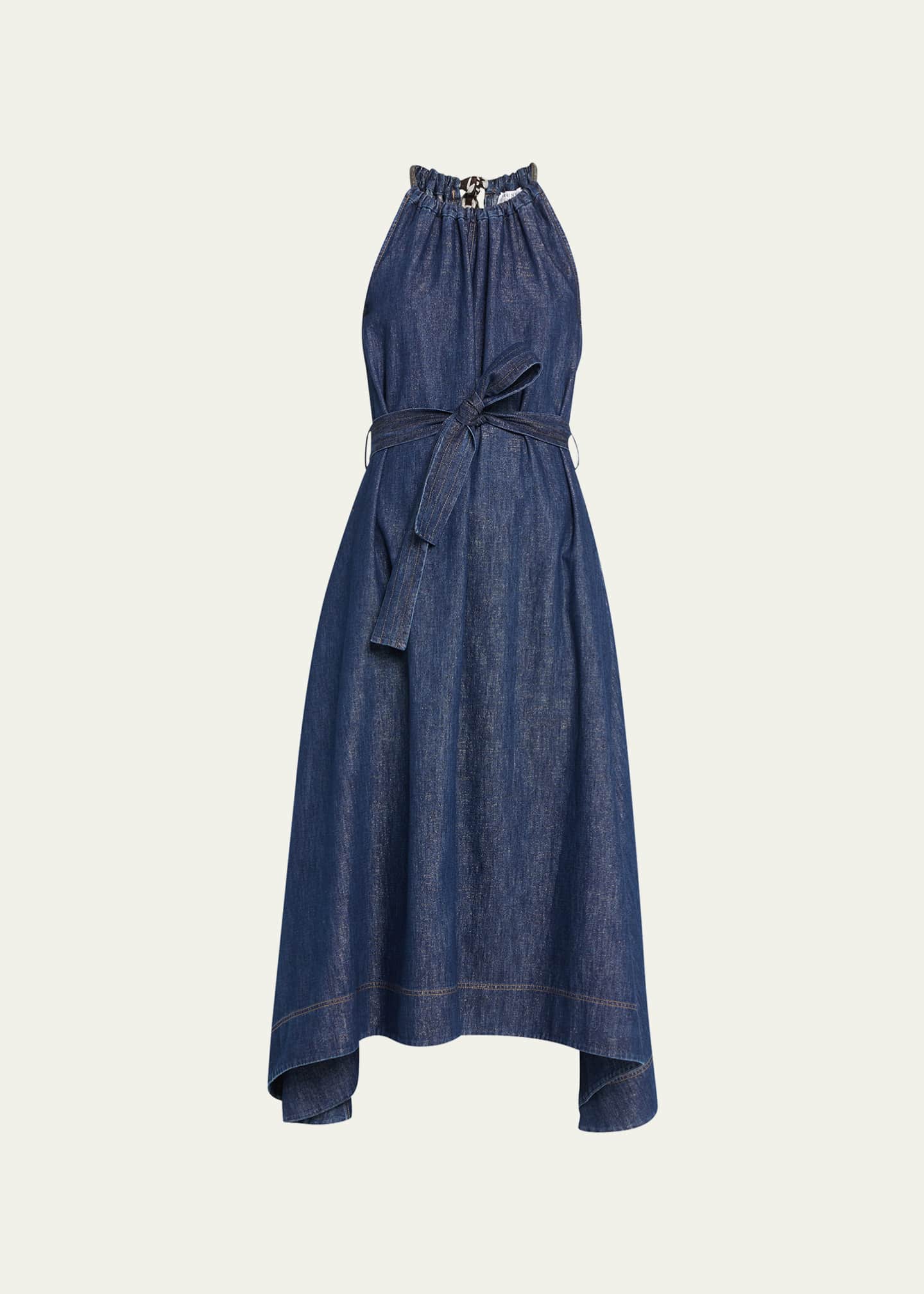 Brunello Cucinelli Denim Belted Midi Dress With Monili Neckline Bergdorf Goodman
