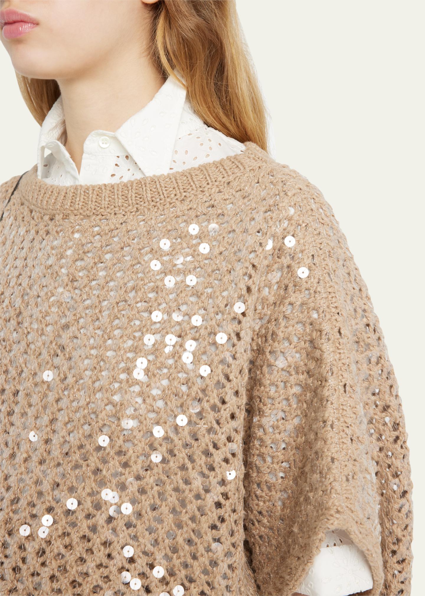 Pull Brunello Cucinelli En Cachemire à Paillettes Et Perles, Taille L, Couleur Ivoire
