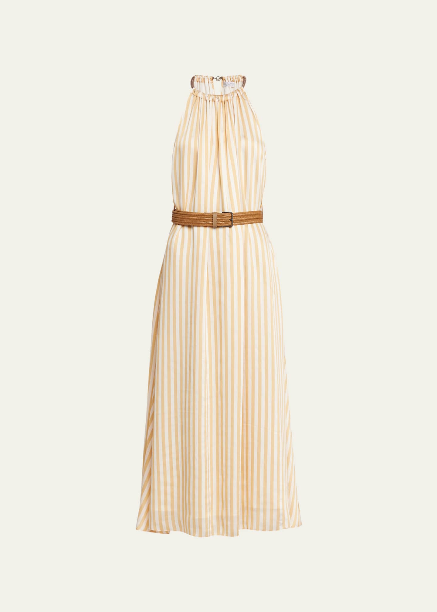 Brunello Cucinelli Fluid Striped Twill Dress with Monili Collar and Rafia  Belt - Bergdorf Goodman