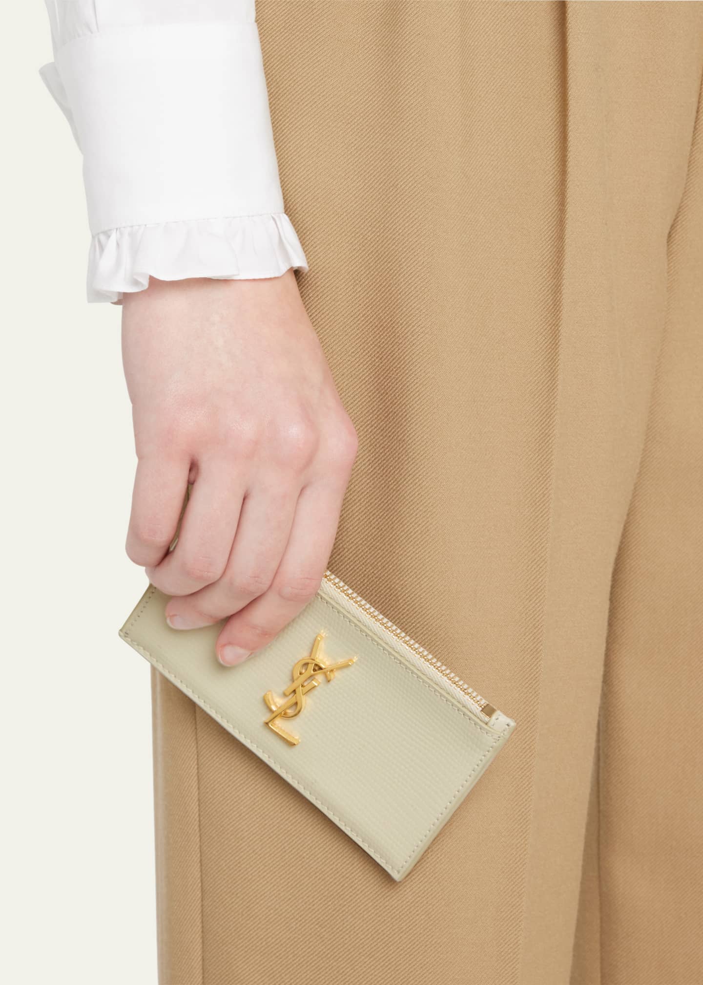 Embossed Leather Card Holder in Beige - Saint Laurent