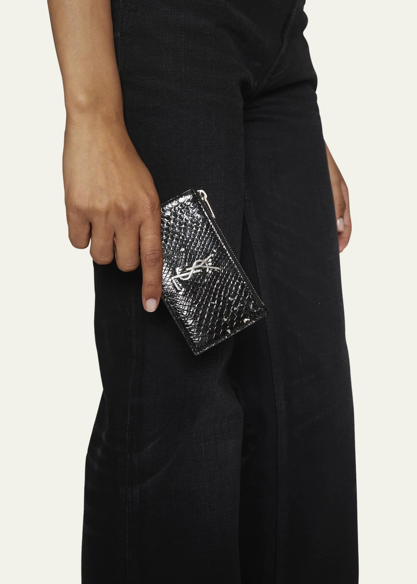 Saint Laurent Ysl Monogram Ziptop Card Case in Python Black