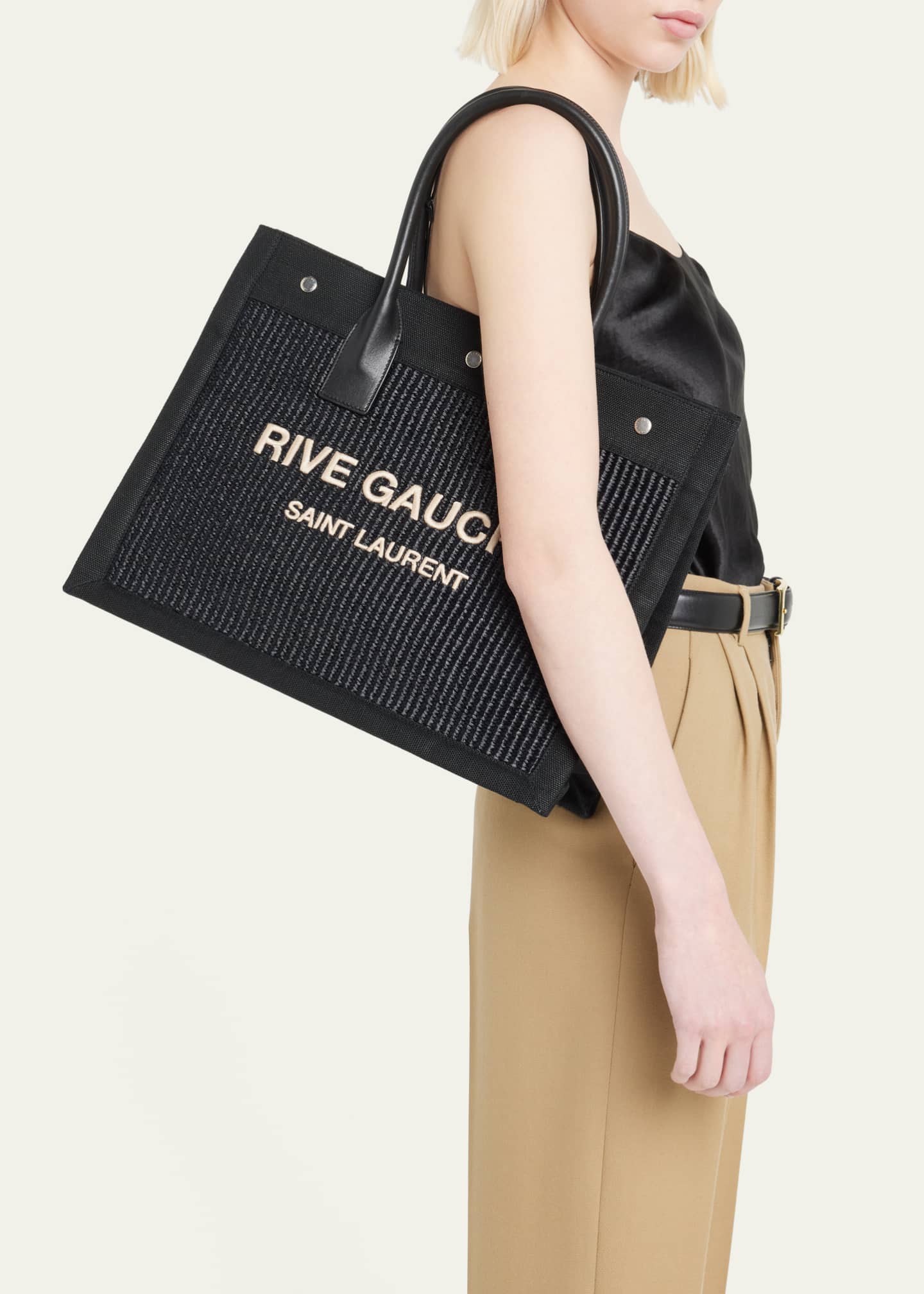 SAINT LAURENT: Rive Gauche raffia and leather tote bag - Black