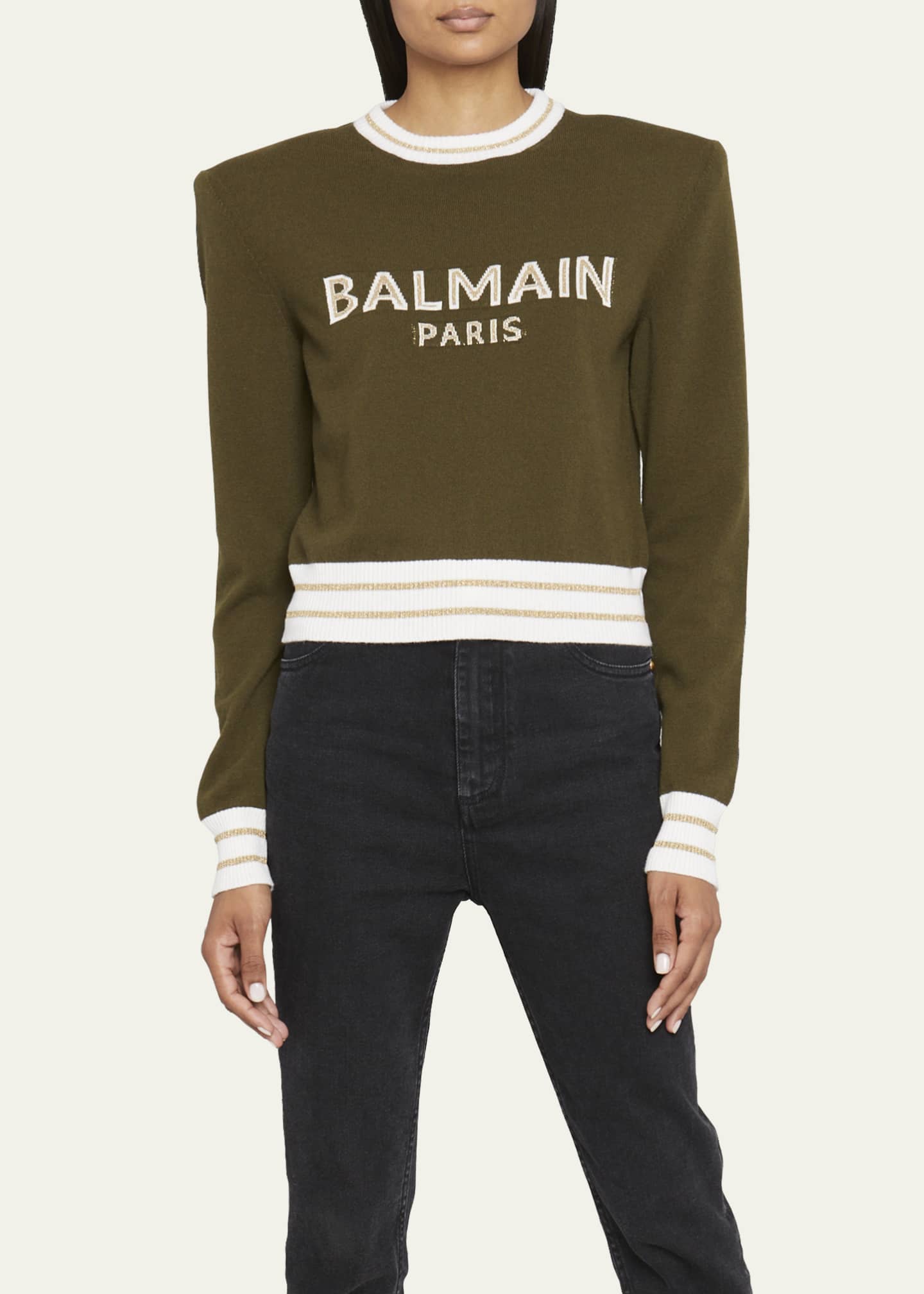 Balmain Metallic Logo Strong Shoulder Crop Varsity Sweater