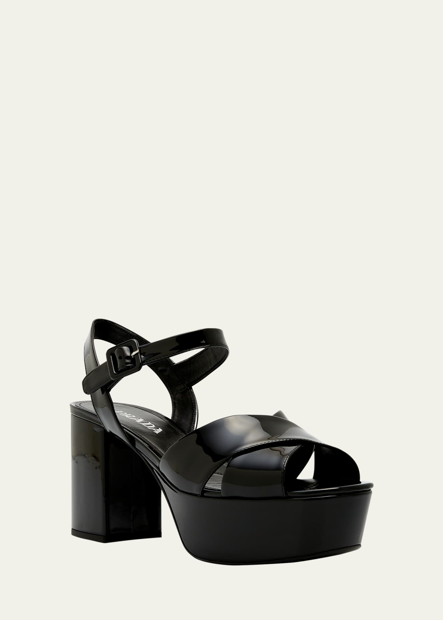 Prada Vernice Patent Leather Crisscross Platform Sandals - Bergdorf Goodman