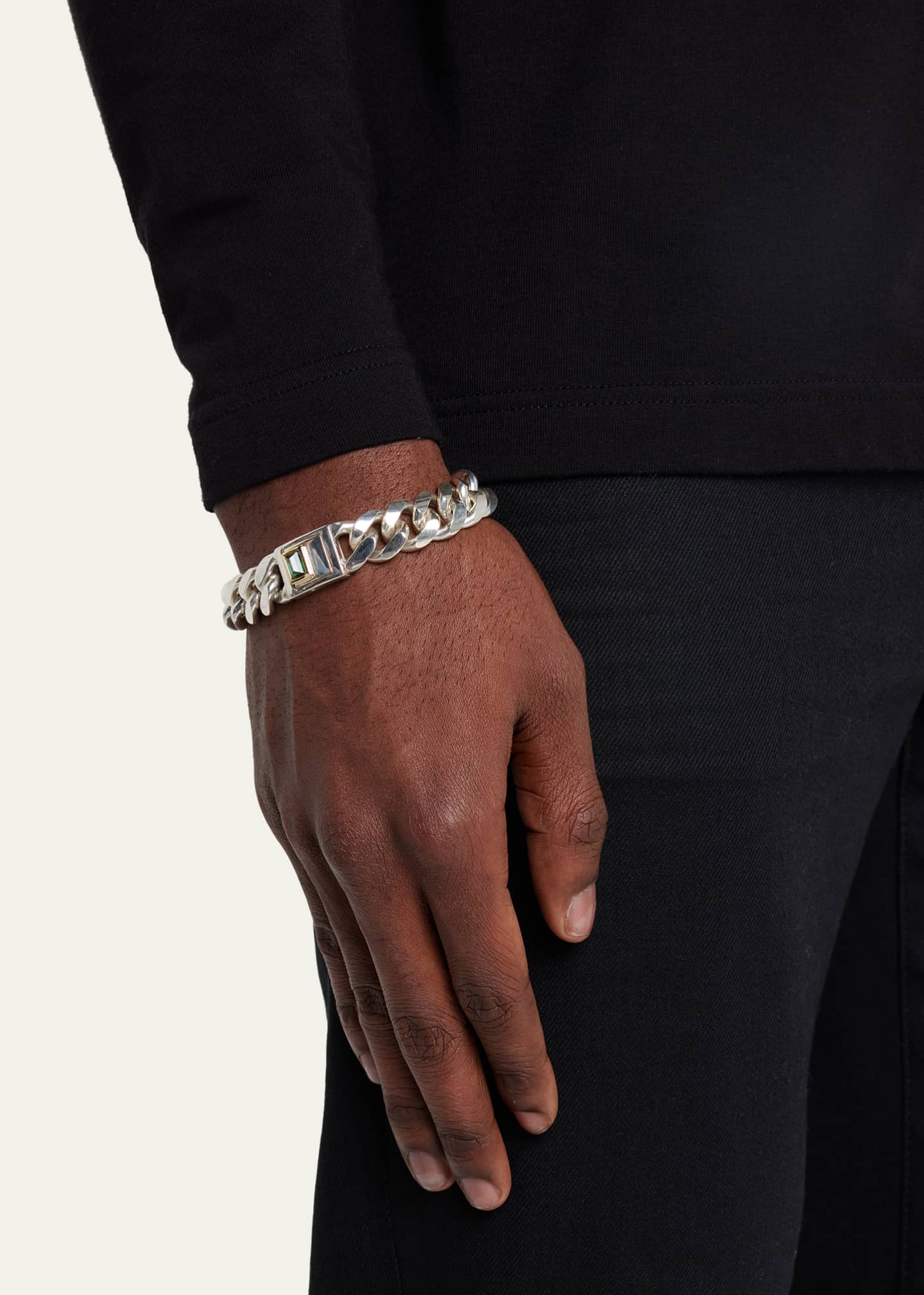 Lois Sasson Design Men's Sterling Silver Cuban Link Bracelet with Green