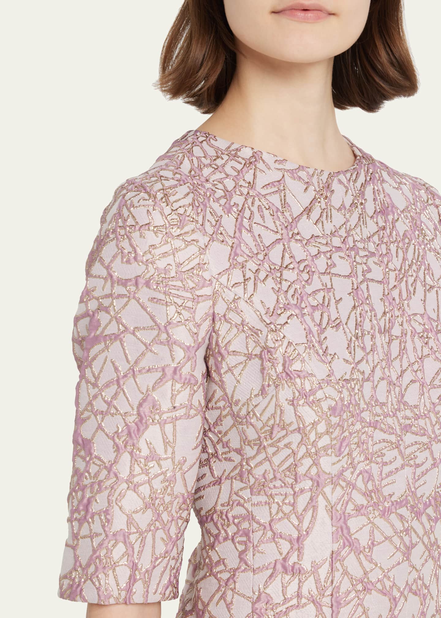 Rickie Freeman for Teri Jon Pleated 3/4Sleeve Jacquard Midi Dress