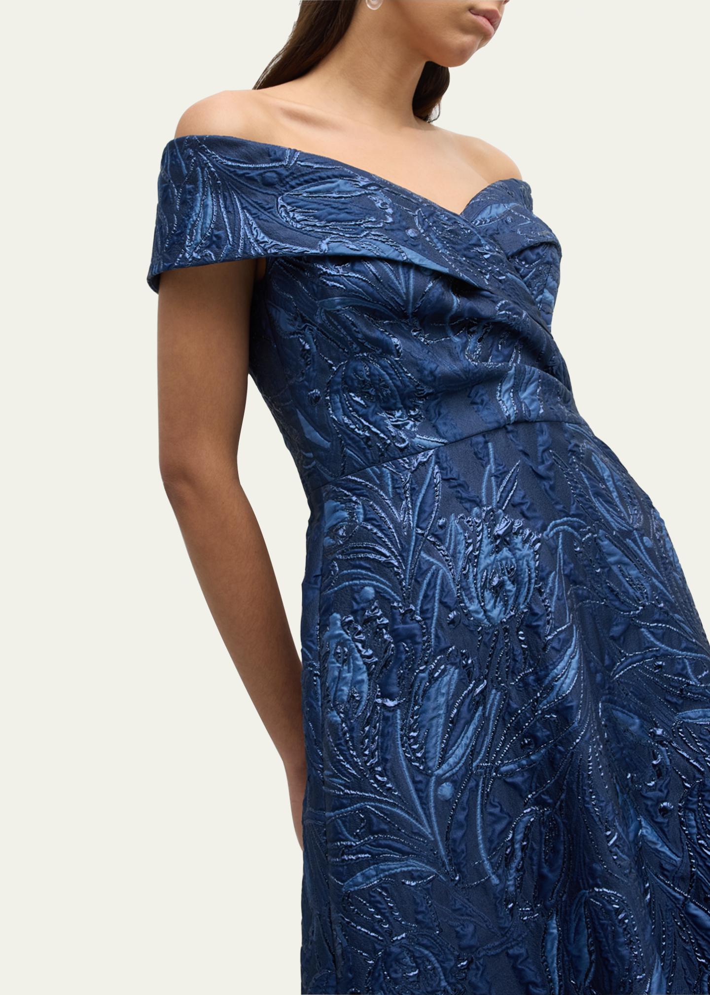 Teri Jon Off-The-Shoulder Metallic Jacquard Gown - Navy
