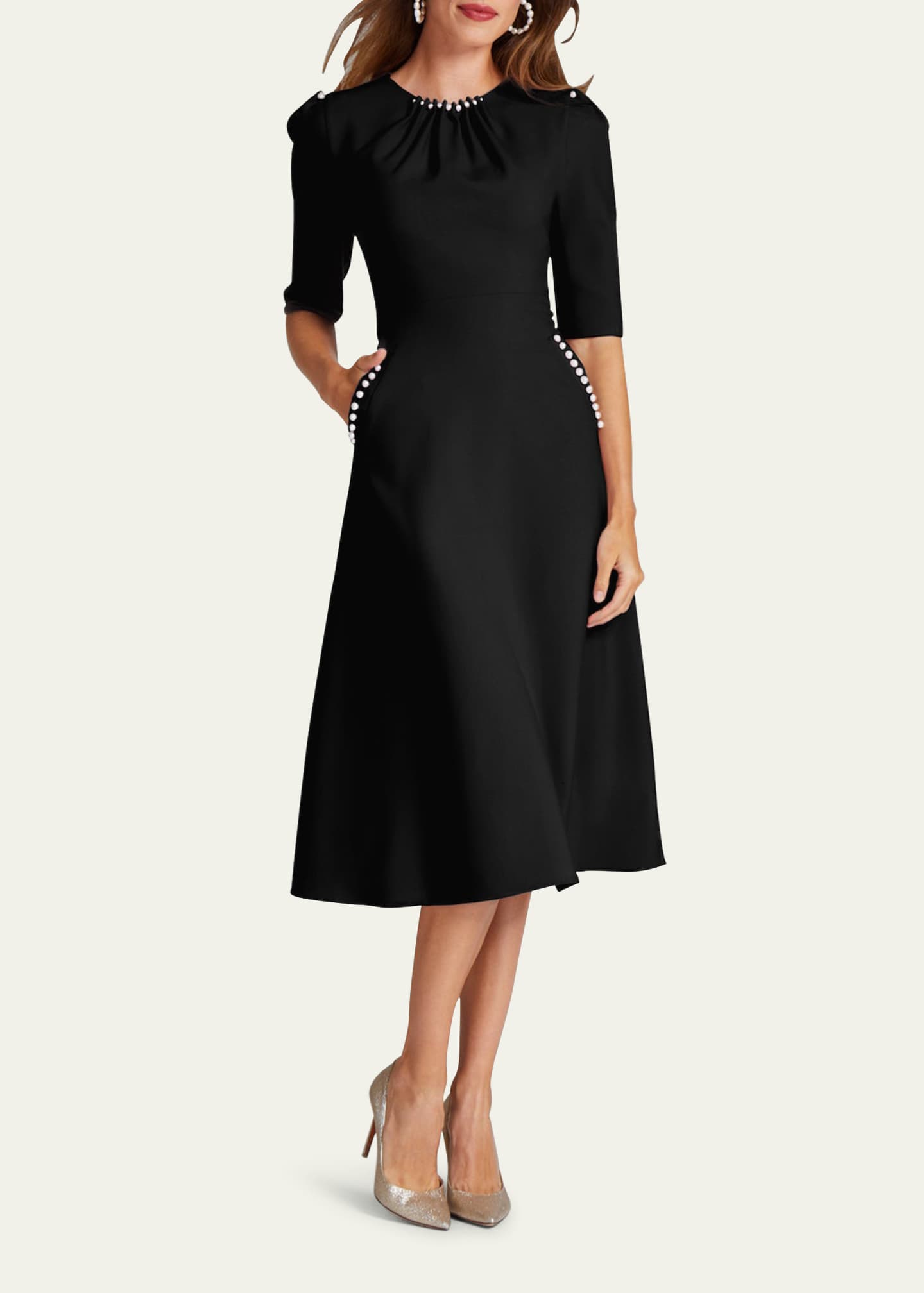 Rickie Freeman for Teri Jon PearlTrim Ruched Crepe Midi Dress