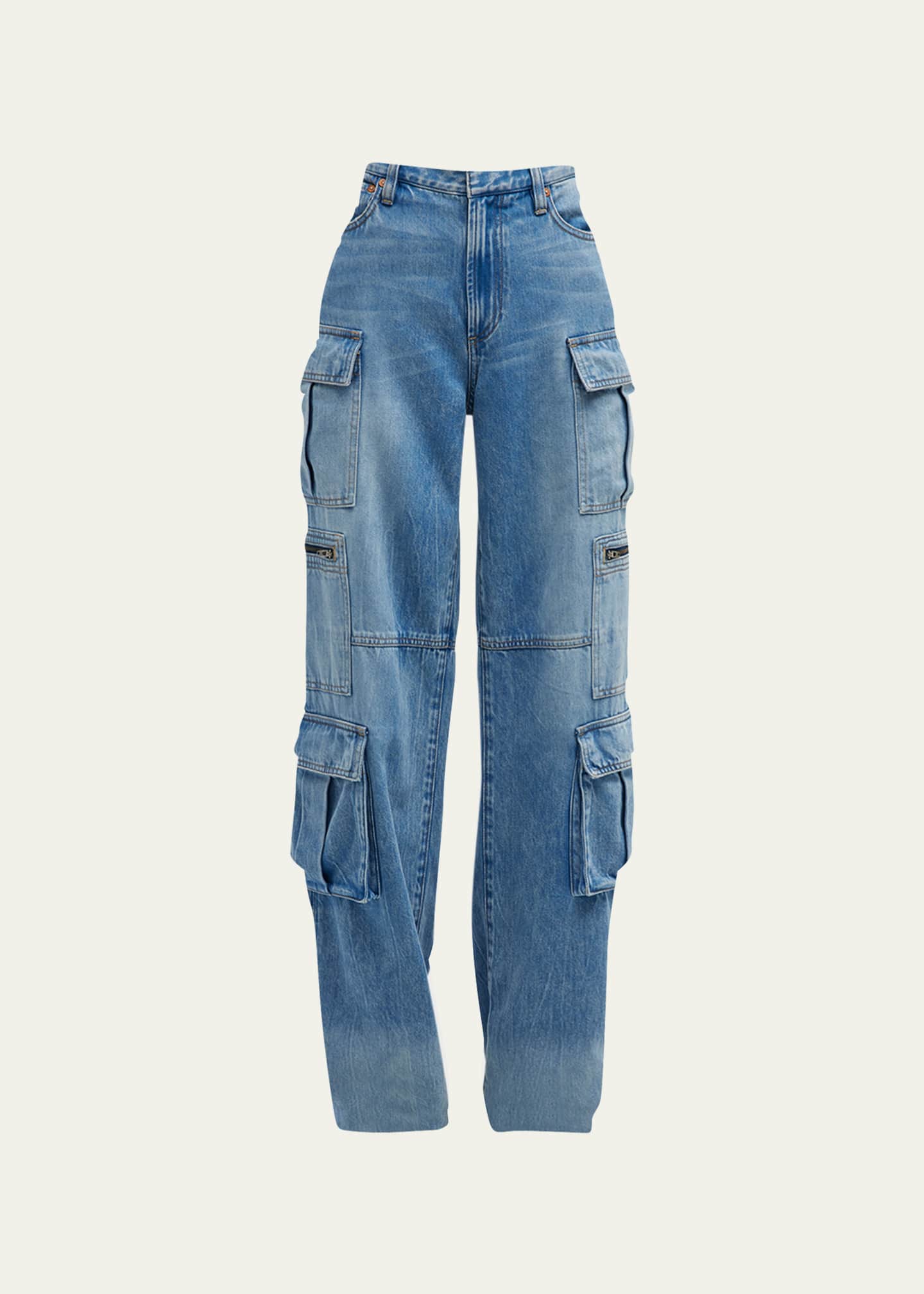 Side Flap Pocket High * Cargo Jeans, Multi-pocket Washed Blue Straight  Casual Streetwear Denim Pants, Kpop Y2k, Women's Denim Jeans & Clothing