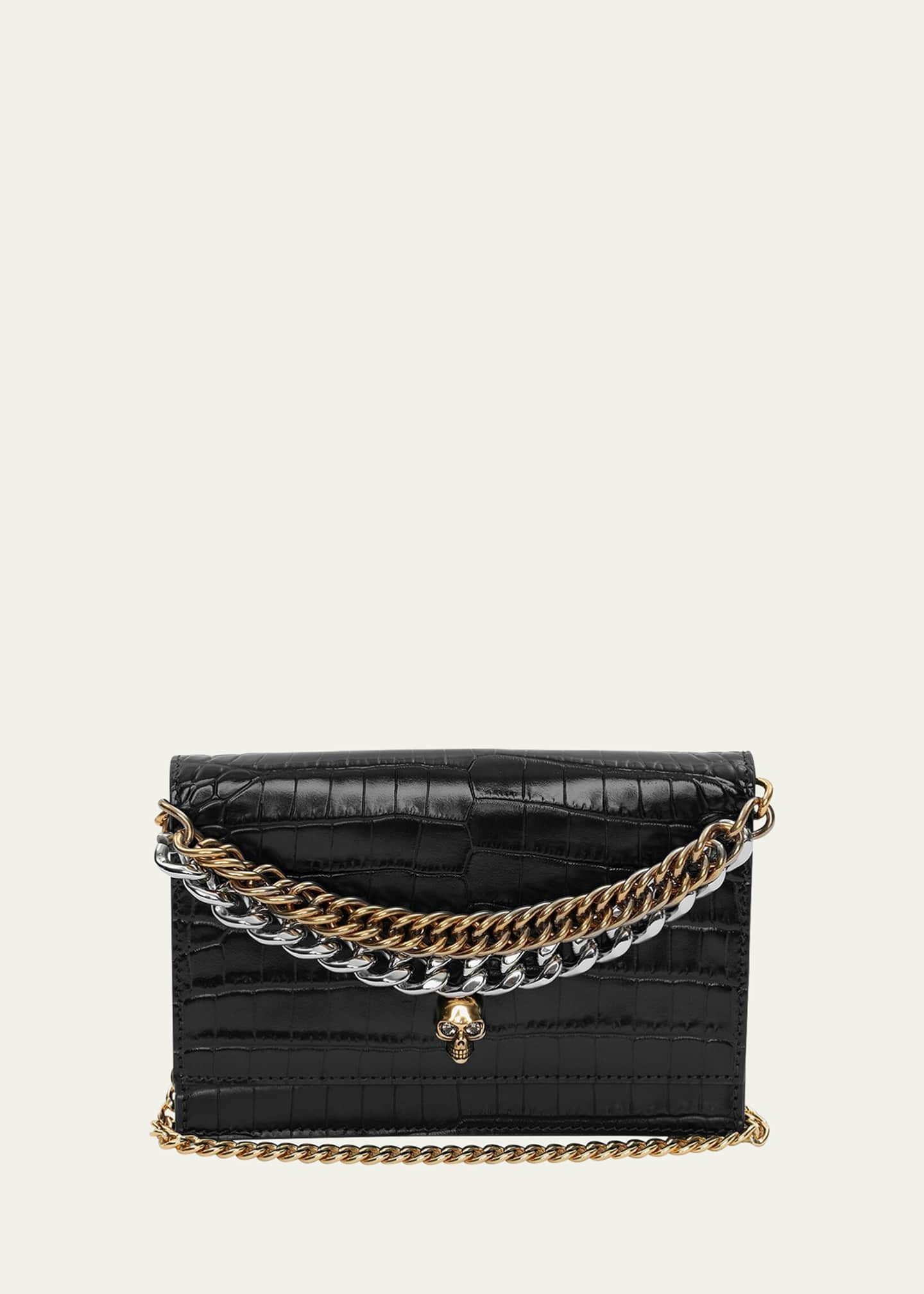 McQueen Small Skull Croc-Embossed Shoulder Bag Image 1 of 5