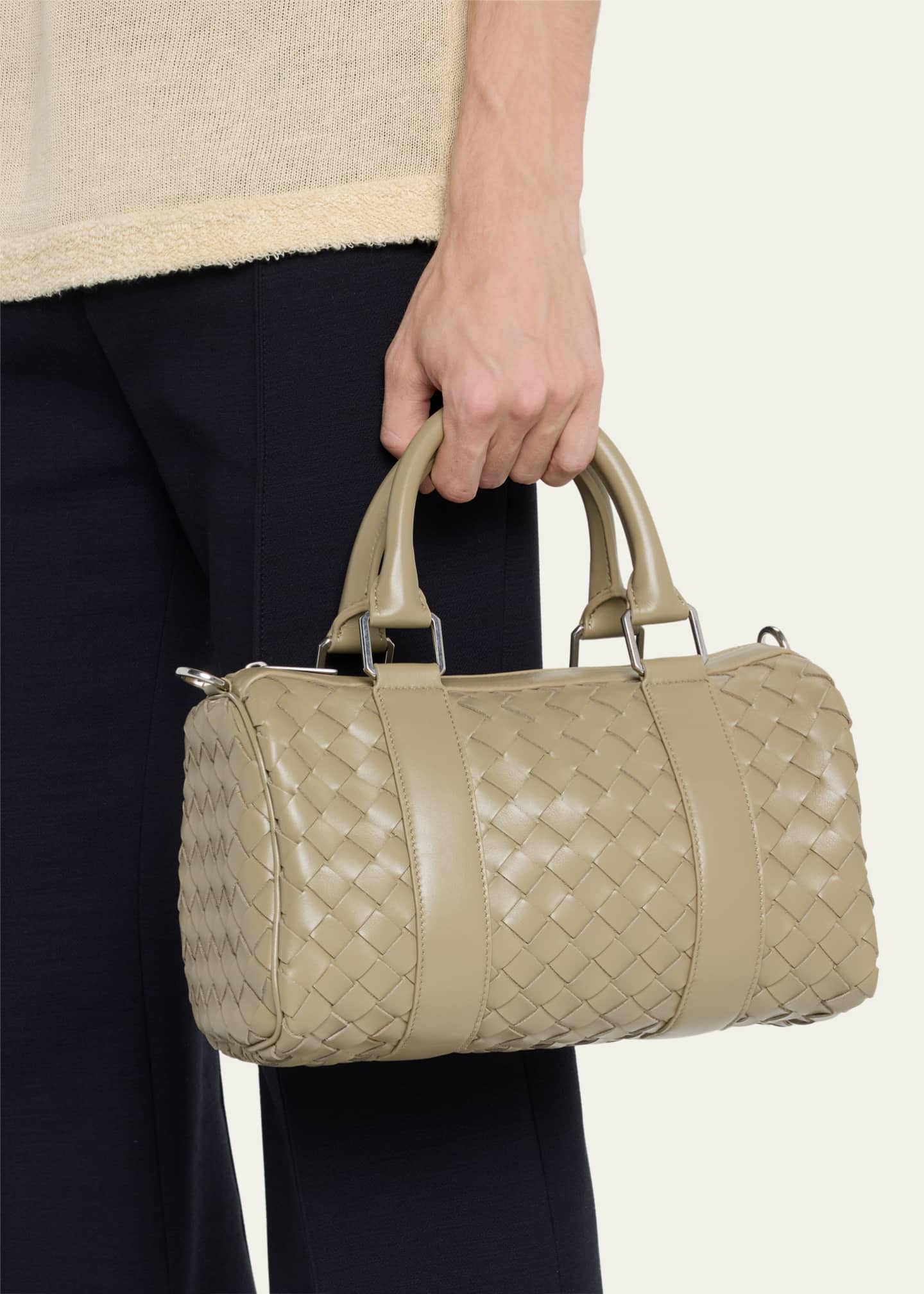 Bottega Veneta Men's Intrecciato Leather Crossbody Taupe Silver