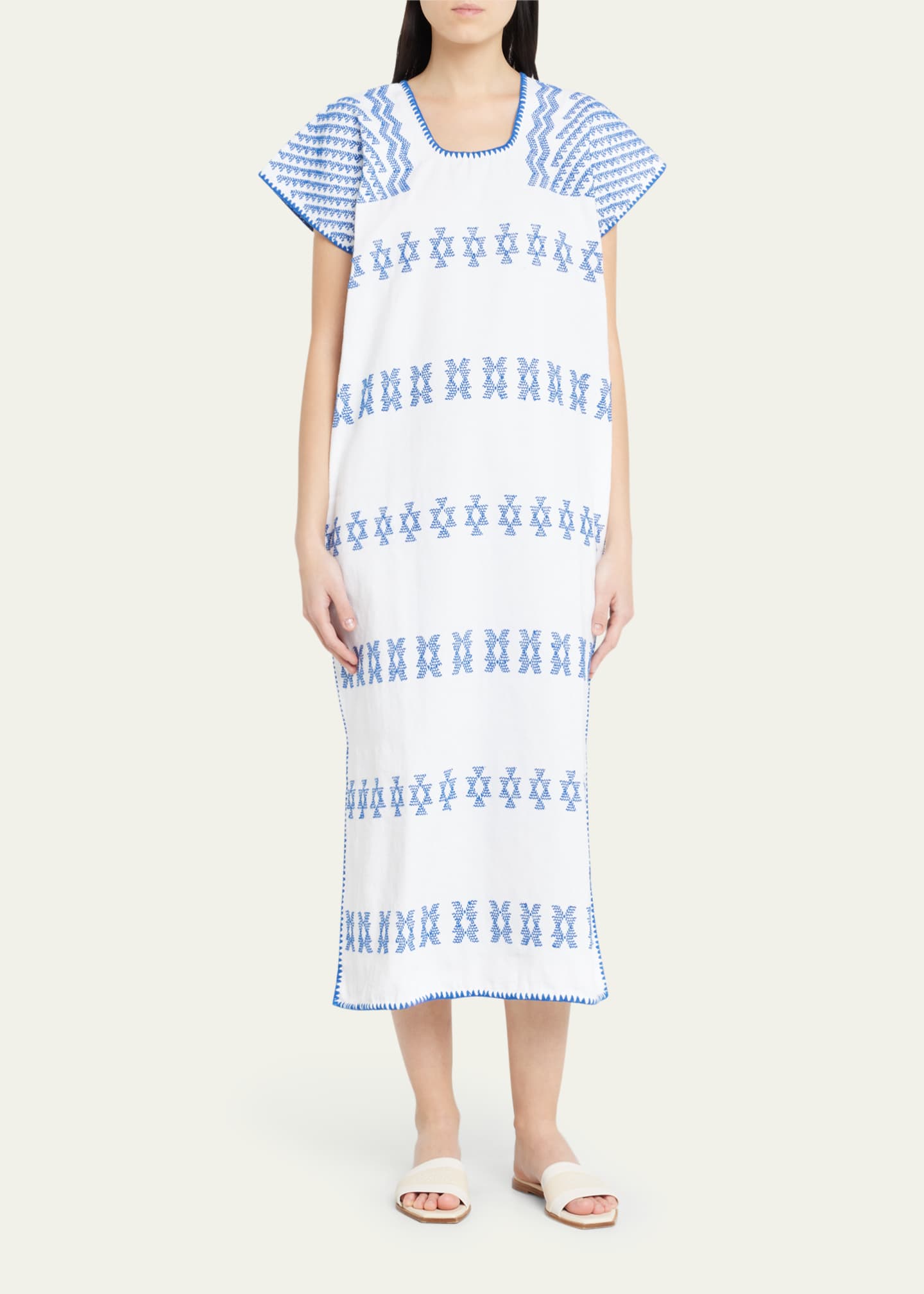 Pippa Holt Single-Panel White Midi Kaftan With Blue Embroidery Image 2 of 5