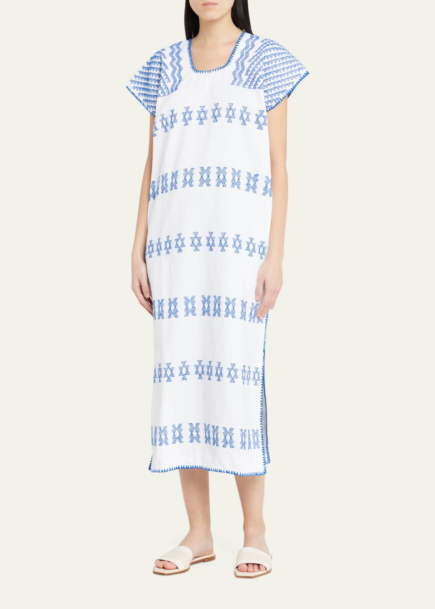 Pippa Holt Single-Panel White Midi Kaftan With Blue Embroidery Image 4 of 5