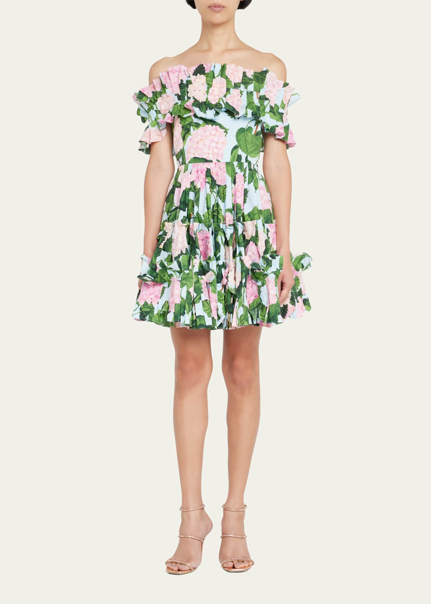 Oscar de la Renta OffShoulder HydrangeaPrint Ruffled Mini Dress
