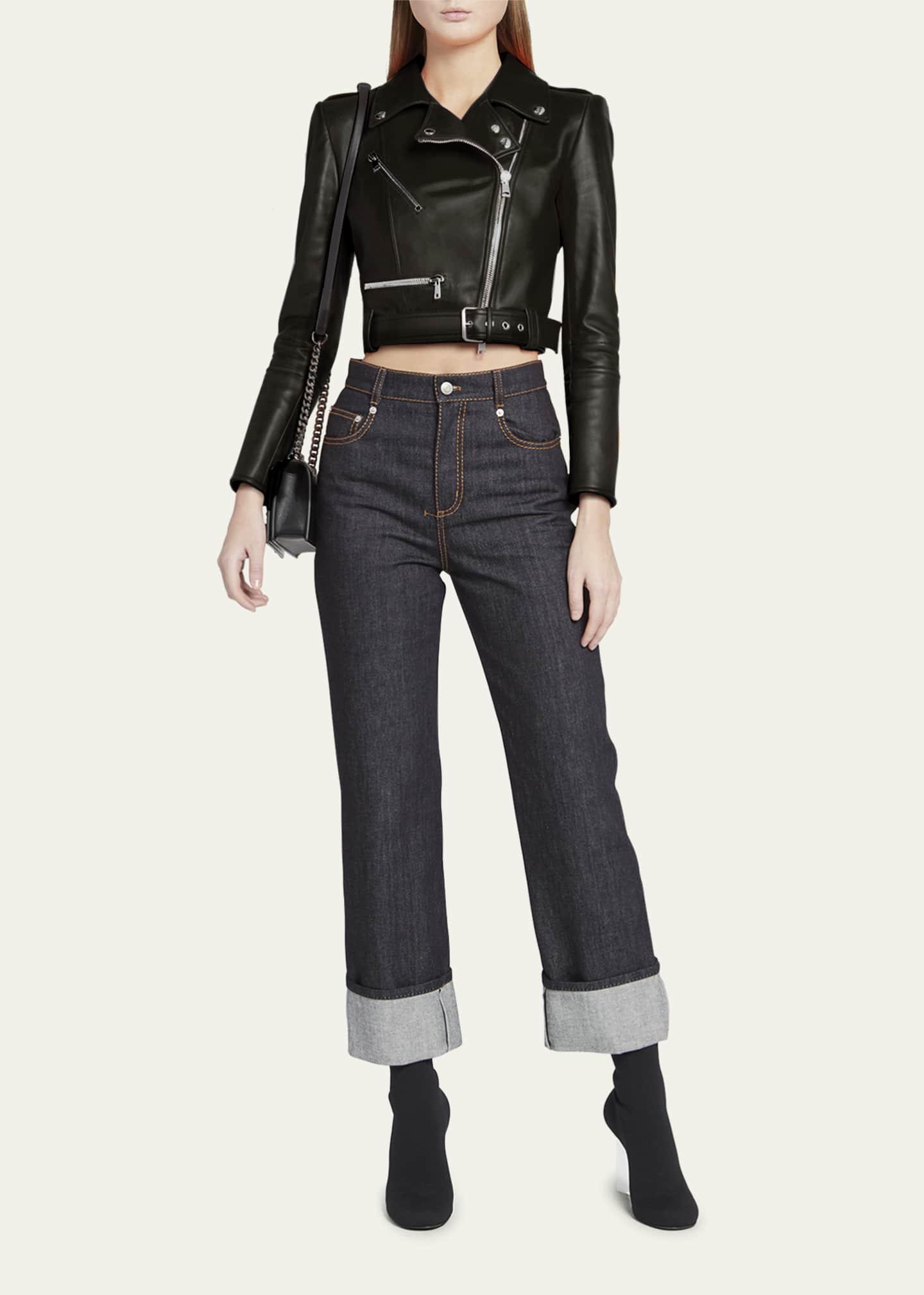 McQueen Cropped Leather Biker Jacket Image 2 of 5