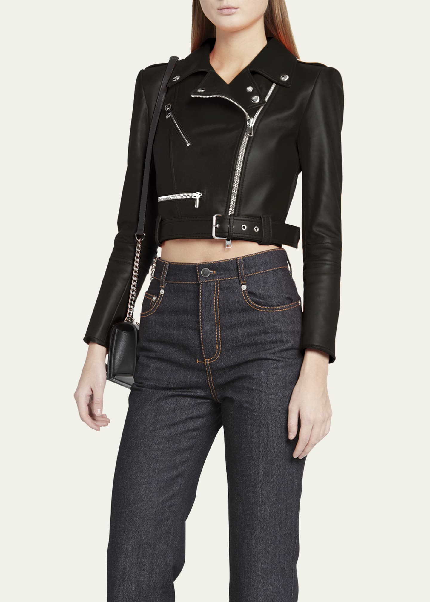 Cropped leather biker jacket