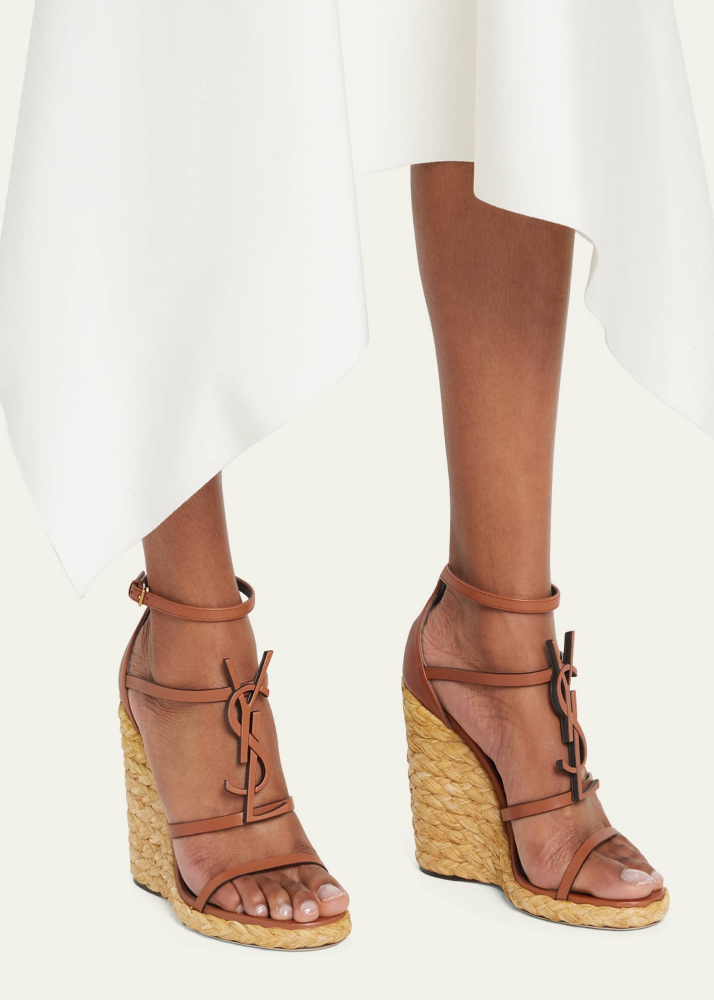 Saint Laurent Cassandra Ysl-monogram Leather Wedge Sandals in Brown