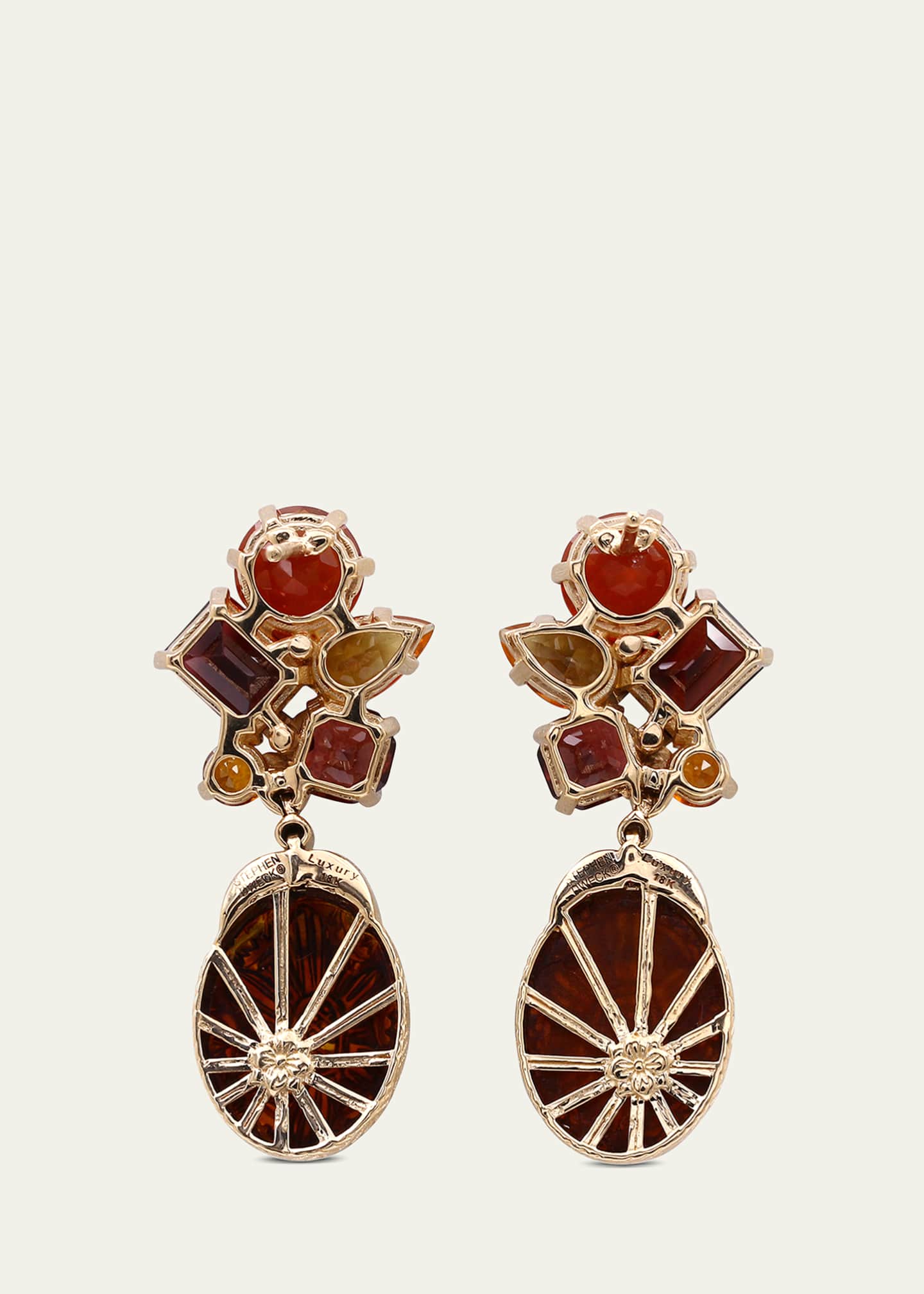 Stephen Dweck Hand Carved Amber, Fire Opal, Garnet and Citrine Earrings in 18K Gold Image 2 of 3