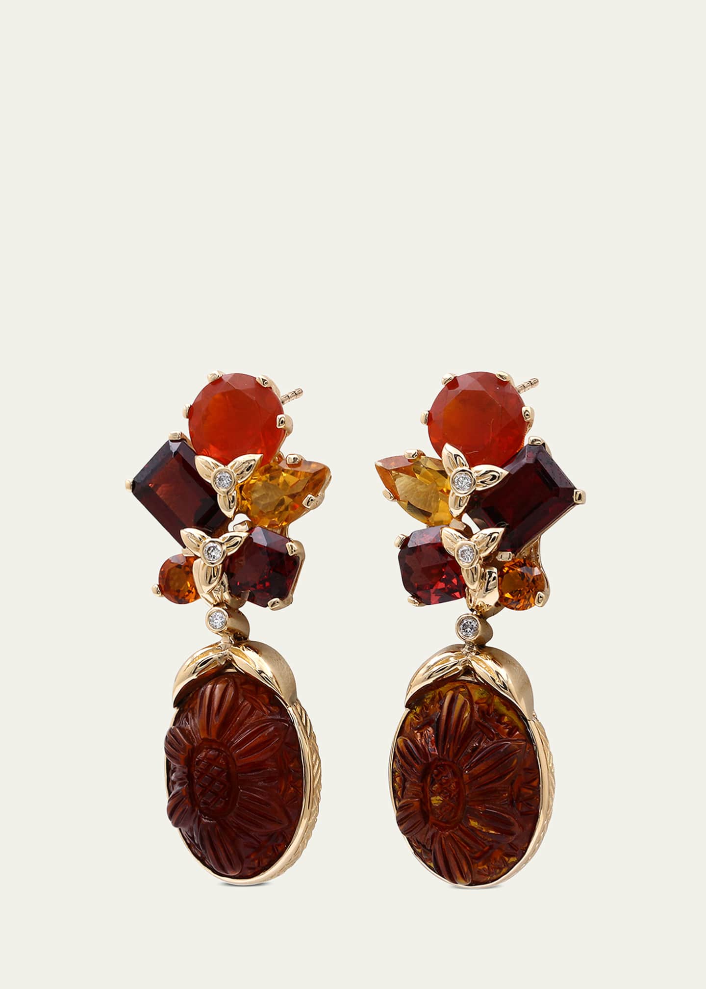 Stephen Dweck Hand Carved Amber, Fire Opal, Garnet and Citrine Earrings in 18K Gold Image 3 of 3