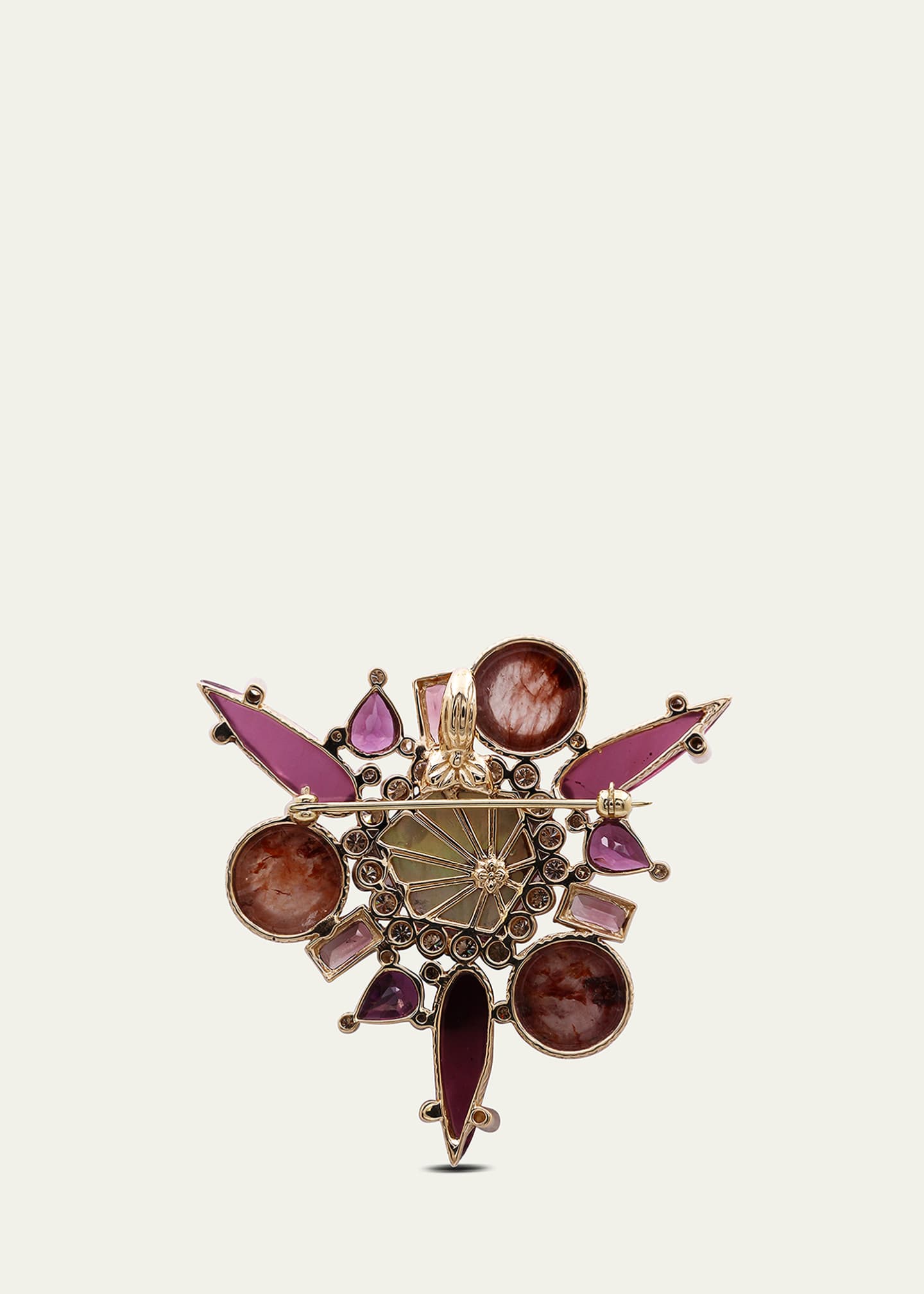 Stephen Dweck Tourmaline, Mother-of-Pearl, Rutilated Sunstone and Rhodolite Garnet Brooch-Pendant in 18K Gold Image 2 of 3